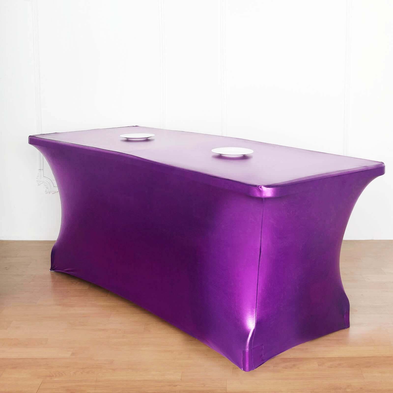 Metallic Purple Stretch Spandex Rectangle Tablecloth 6ft Wrinkle Free Fitted Table Cover for 72x30 Tables