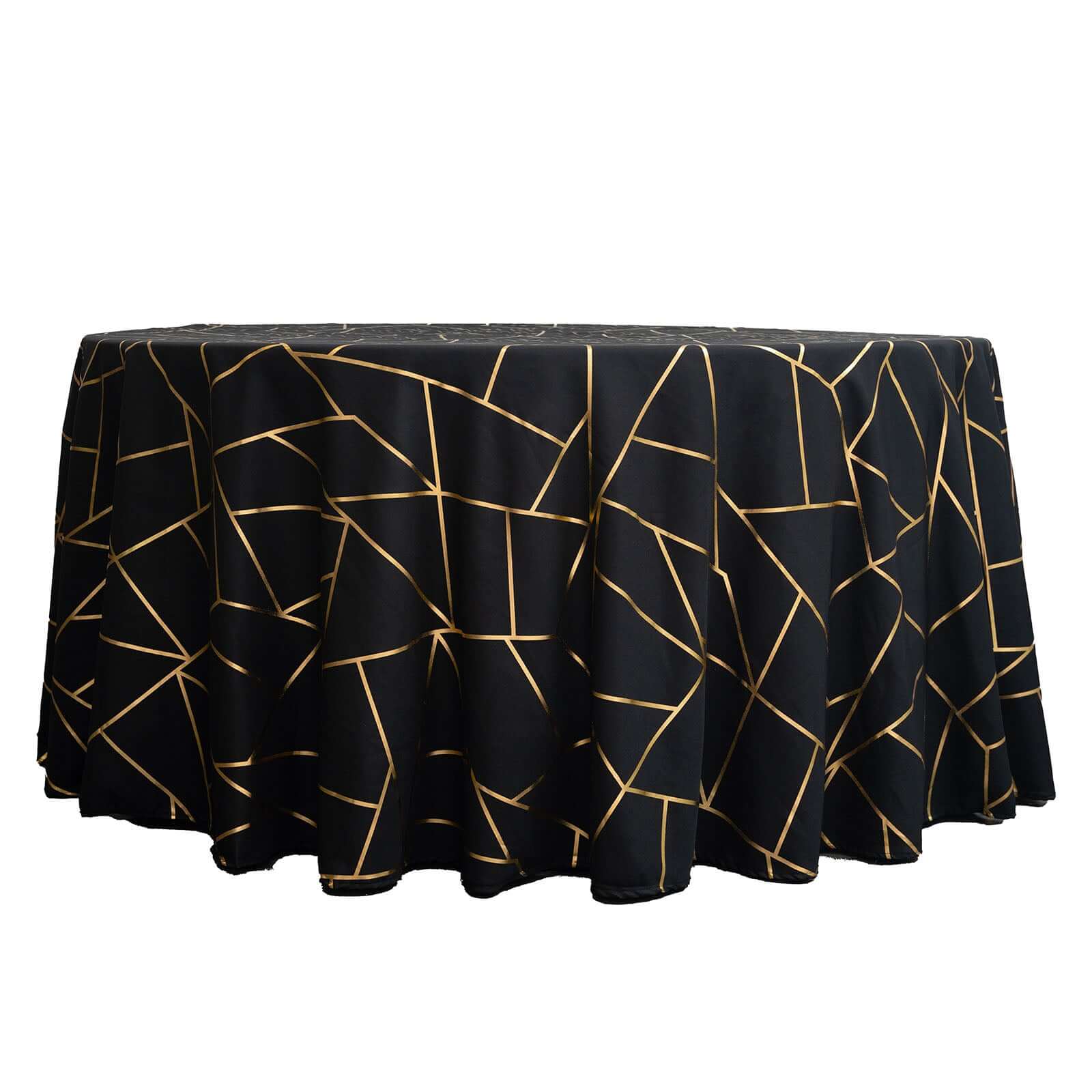 Polyester 120 Round Tablecloth Black with Gold Foil Geometric Pattern Wrinkle-Resistant Seamless Table Cover