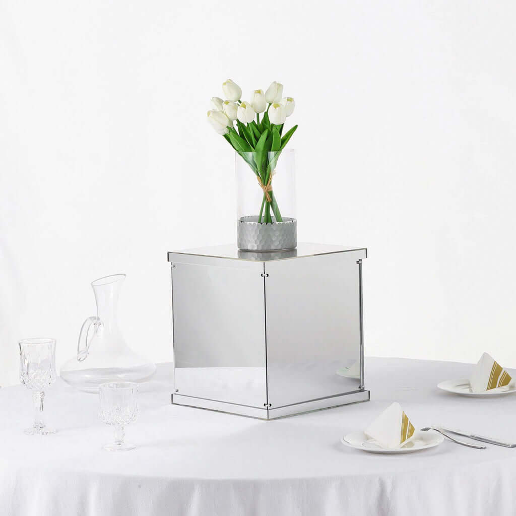 12 Silver Mirrored Acrylic Display Box, Pedestal Riser with Interchangeable Lid and Base