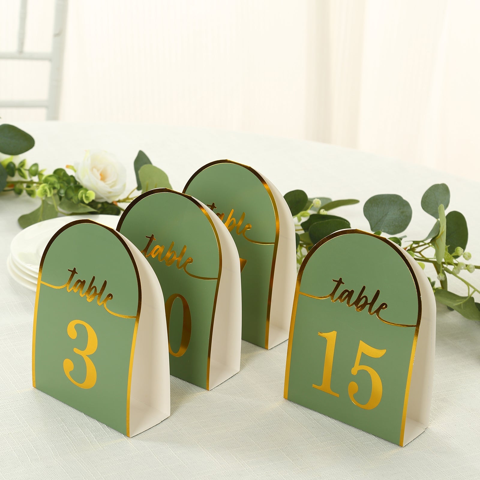 25-Pack Paper Wedding Table Numbers 1-25 Sage Green Arch Cutout Design - Sleek & Modern Free Standing Double Sided Table Tent Cards with Metallic Gold Foil Numbers 7