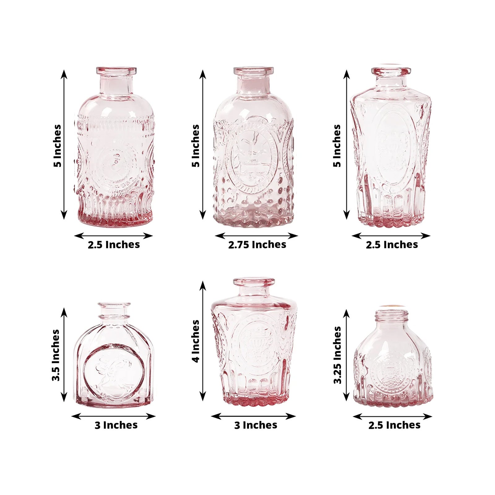 Set of 6 Embossed Glass Bud Vases Vintage Dusty Rose - Apothecary Style Decorative Table Centerpieces