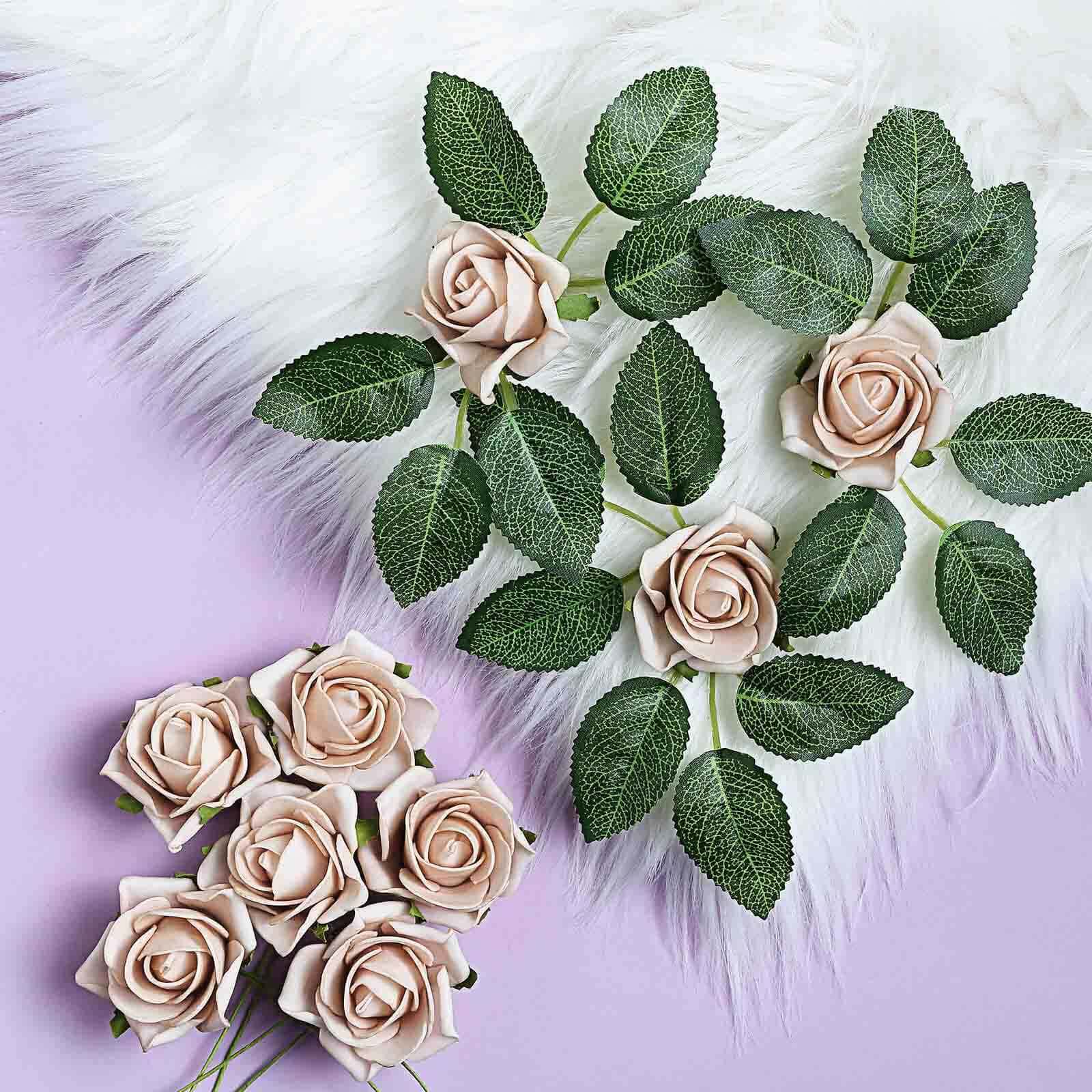 24 Roses 2 Champagne Artificial Foam Flowers With Stem Wire and Leaves