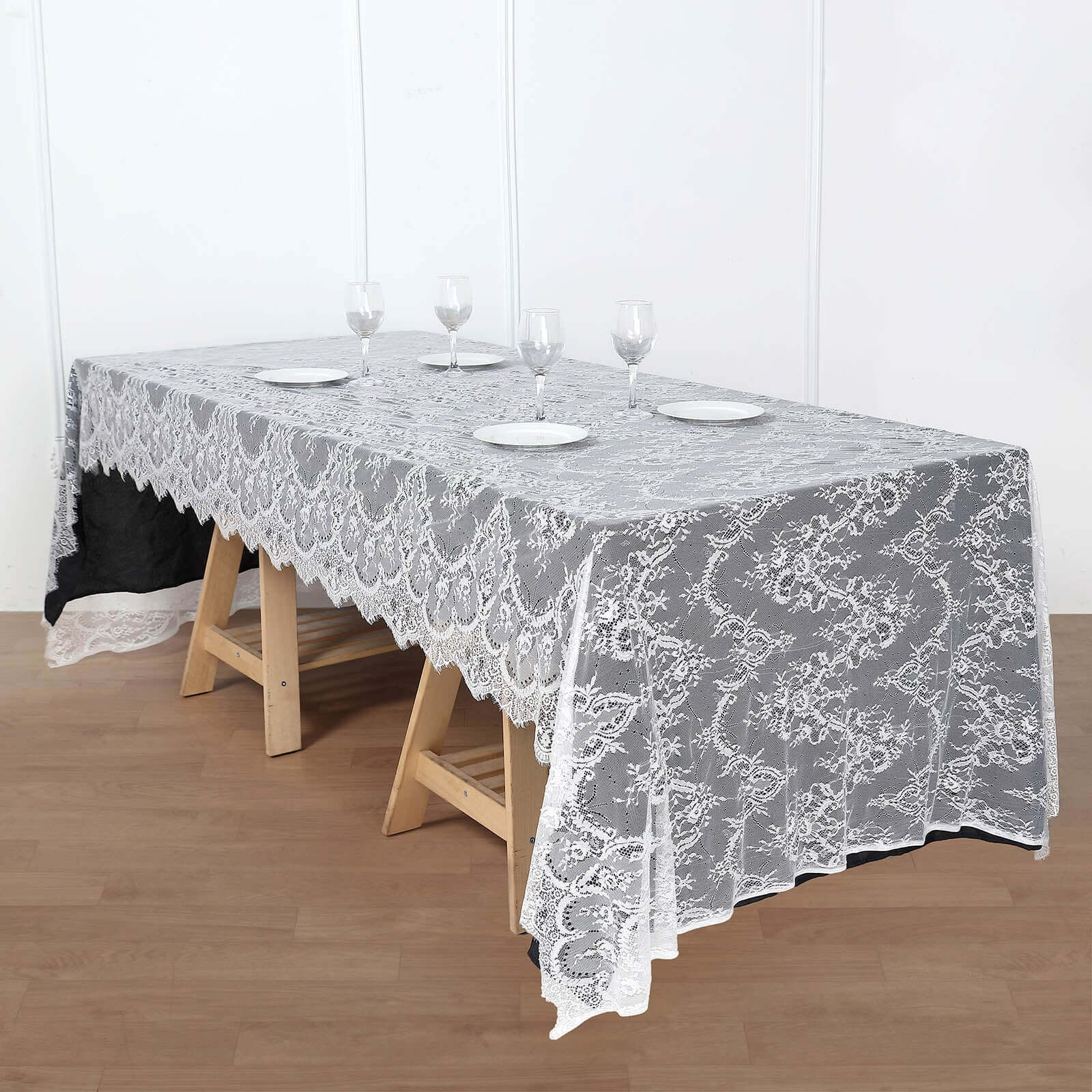 Lace 60x120 Rectangle Tablecloth White - Vintage Lace Design with Scalloped Frill Edges for Refined Occasions