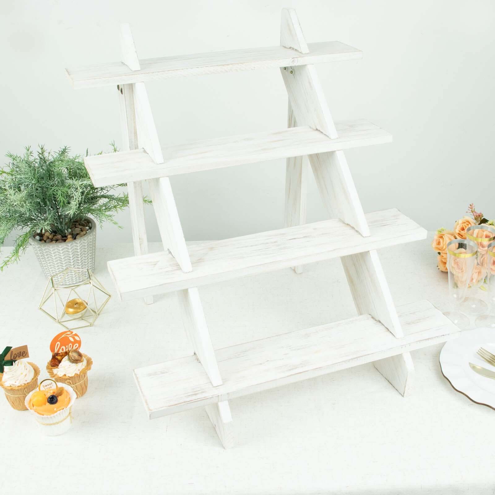 4-Tier Wooden Ladder Shelf Whitewashed Rustic Design - Cascading Stair Step Dessert Display Cupcake Holder 21