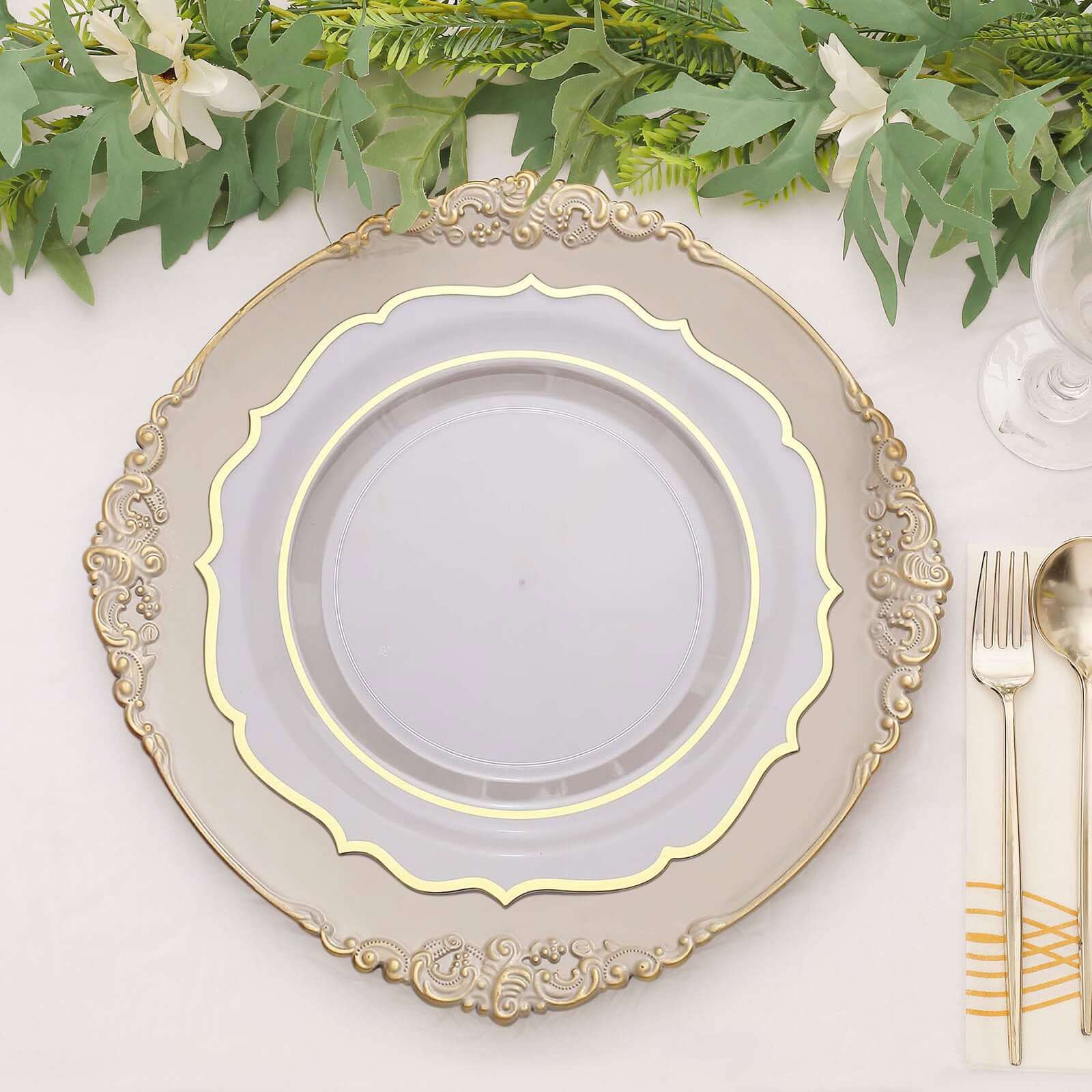 6-Pack Acrylic Round Charger Plates 13 in Nude Taupe with Gold Embossed Baroque Rim, Antique Decorative Dinner Party Charger Tableware