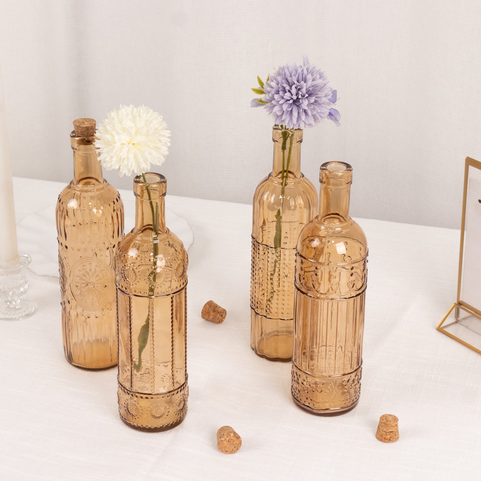 Set of 4 Embossed Glass Bottles Vintage Amber Gold with Corks - Large Flower Bud Vases 16oz 10 Tall