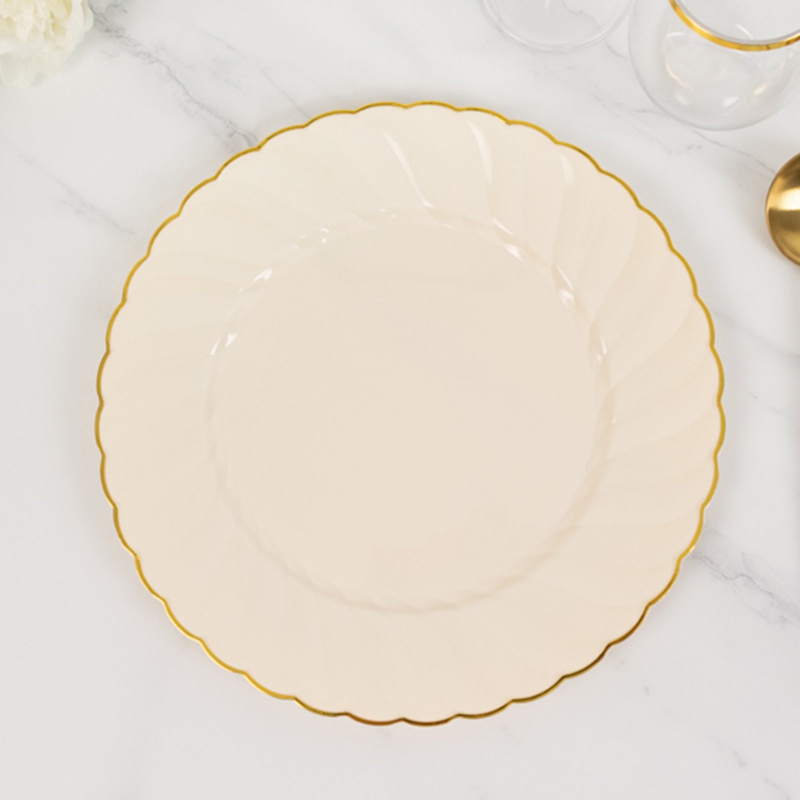 10-Pack Plastic 10 Round Dinner Plates in Ivory with Gold Flair Rim - Disposable Party Plates