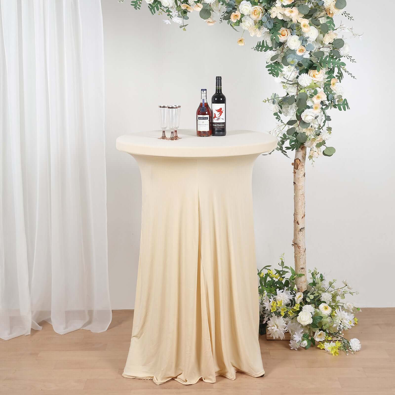 Spandex 32 Round Cocktail Table Cover Skirt Beige With Natural Wavy Drapes