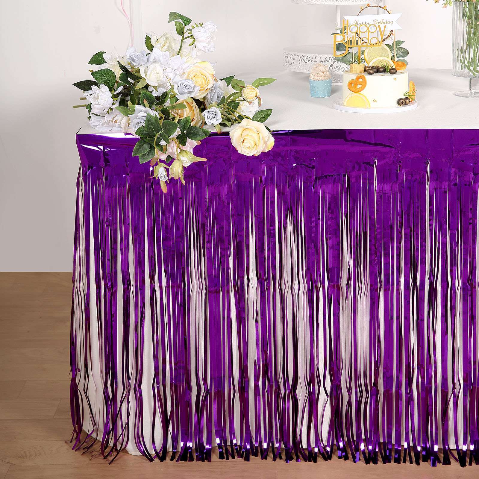 30x9ft Purple Metallic Foil Fringe Table Skirt, Self Adhesive Tinsel Table Skirt