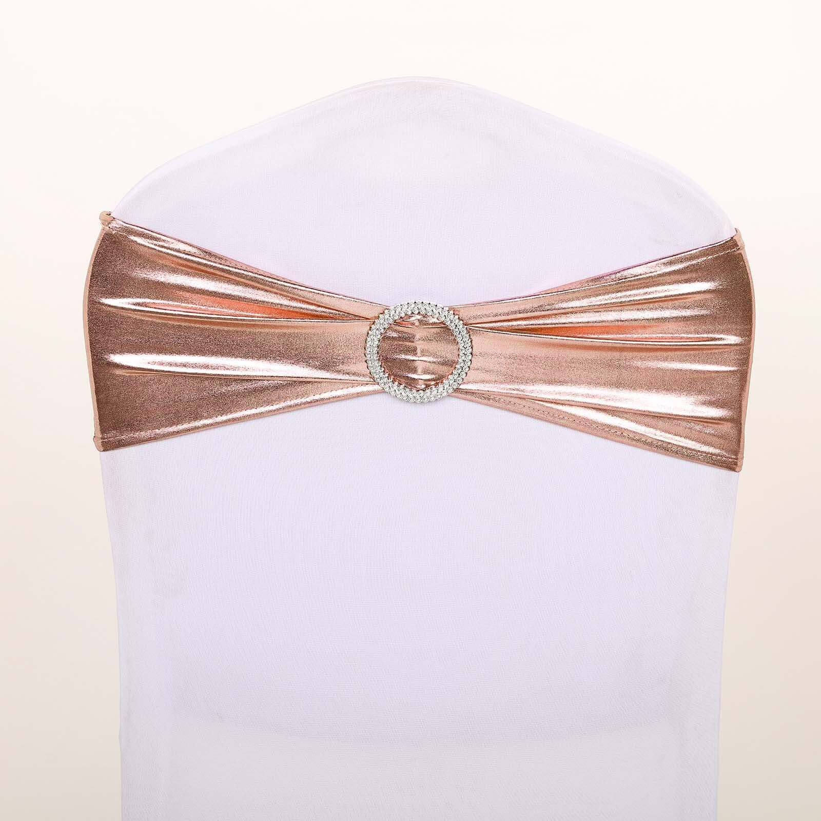 5 Pack Metallic Spandex Chair Sashes Blush - Stretch Fit Chair Bands With Round Diamond Buckles