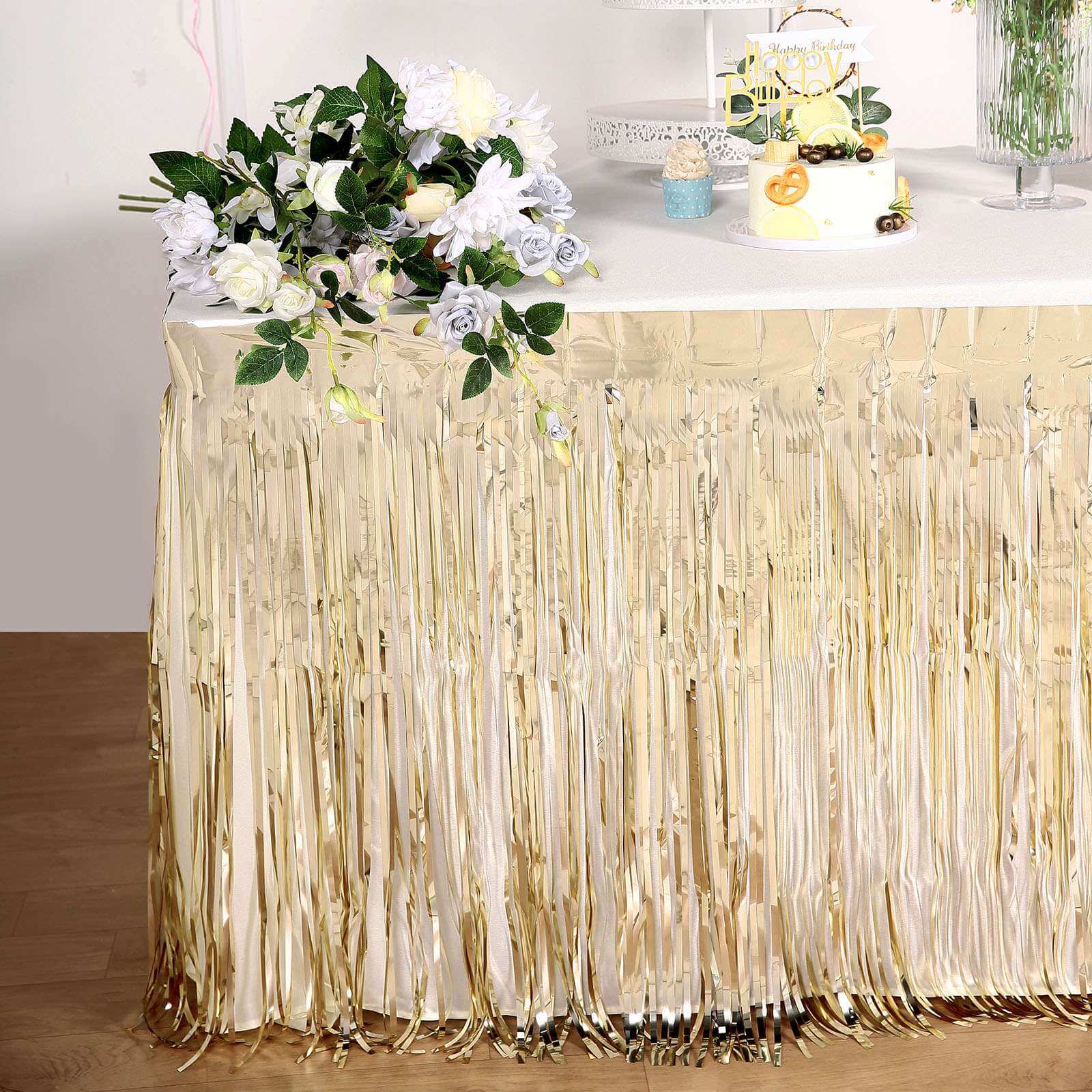 Metallic Foil Fringe Table Skirt Champagne with Self Adhesive Backing - Durable Tinsel Skirt for Parties 30x9ft