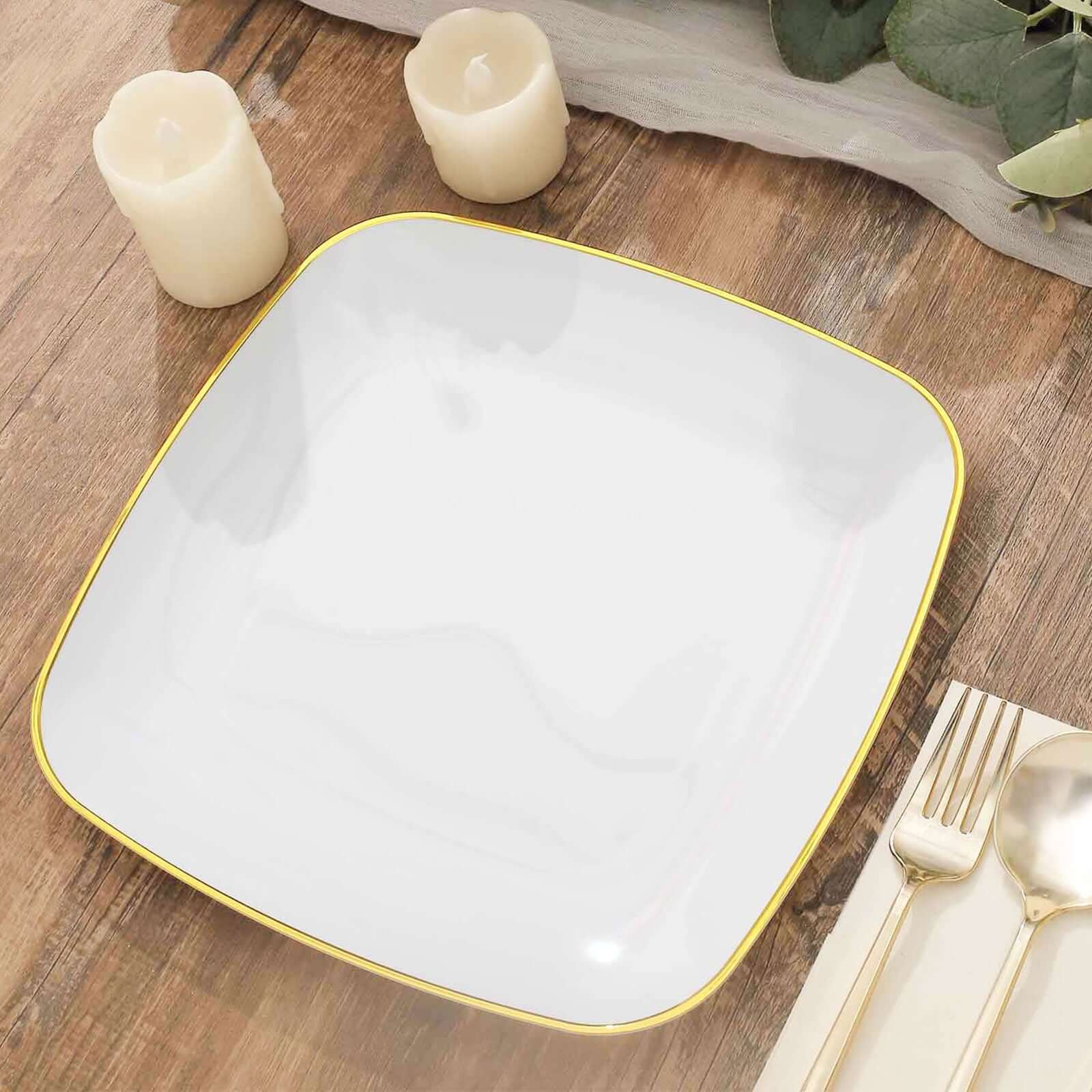 10-Pack Plastic 10 Square Dinner Plates in White with Gold Rim - Classy Disposable Lunch Party Plates for Weddings & Special Events