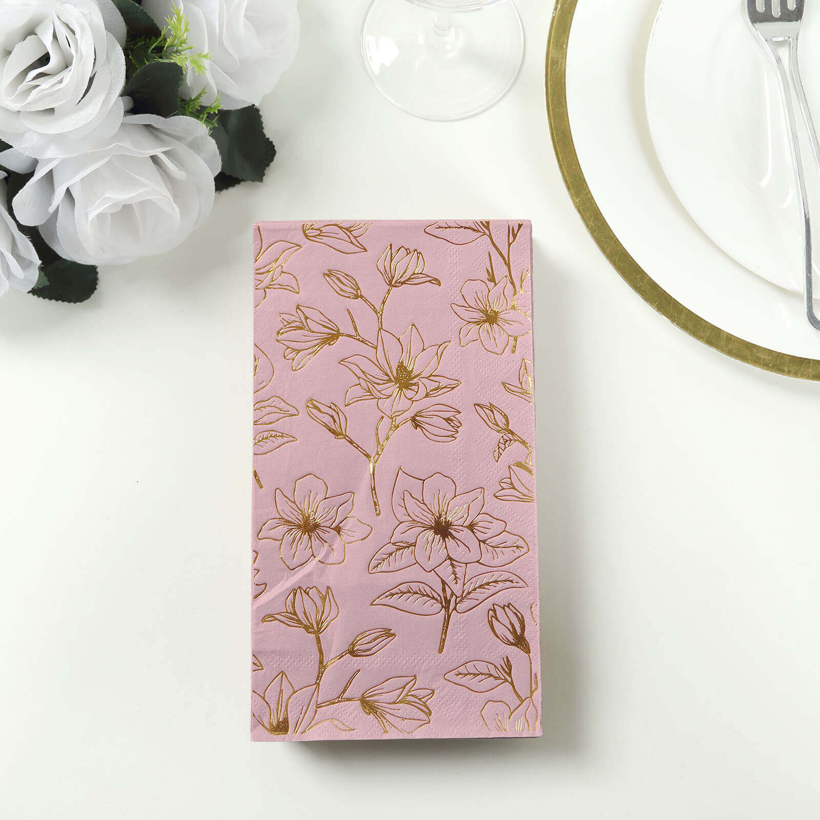 50-Pack Paper Dinner Napkins Dusty Rose with Gold Magnolia Flowers Print 2-Ply - Disposable Soft Napkins for Parties