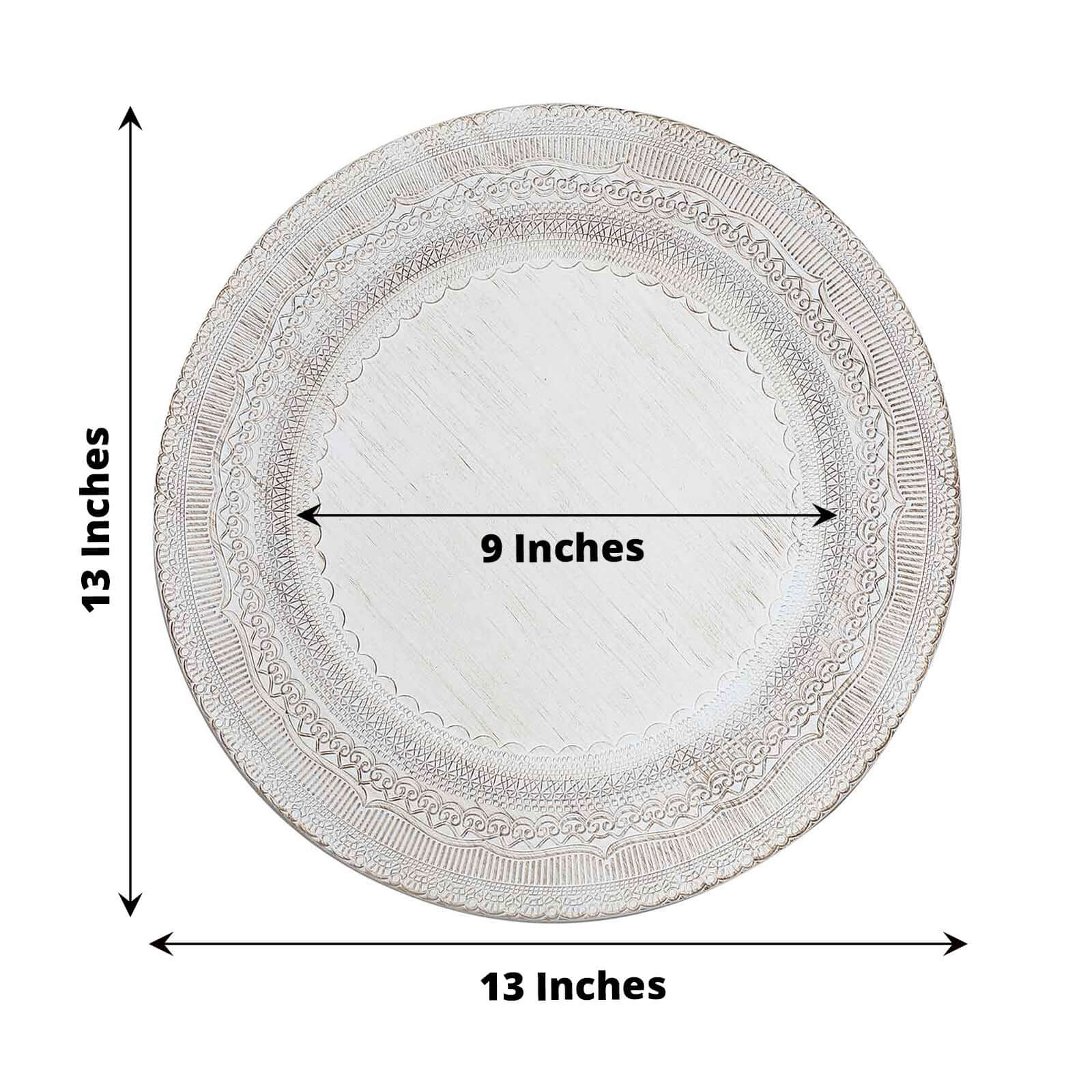 6-Pack Acrylic Round Charger Plates 13 in White with Lace Embossed Rim, Rustic Plastic Decorative Charger Tableware