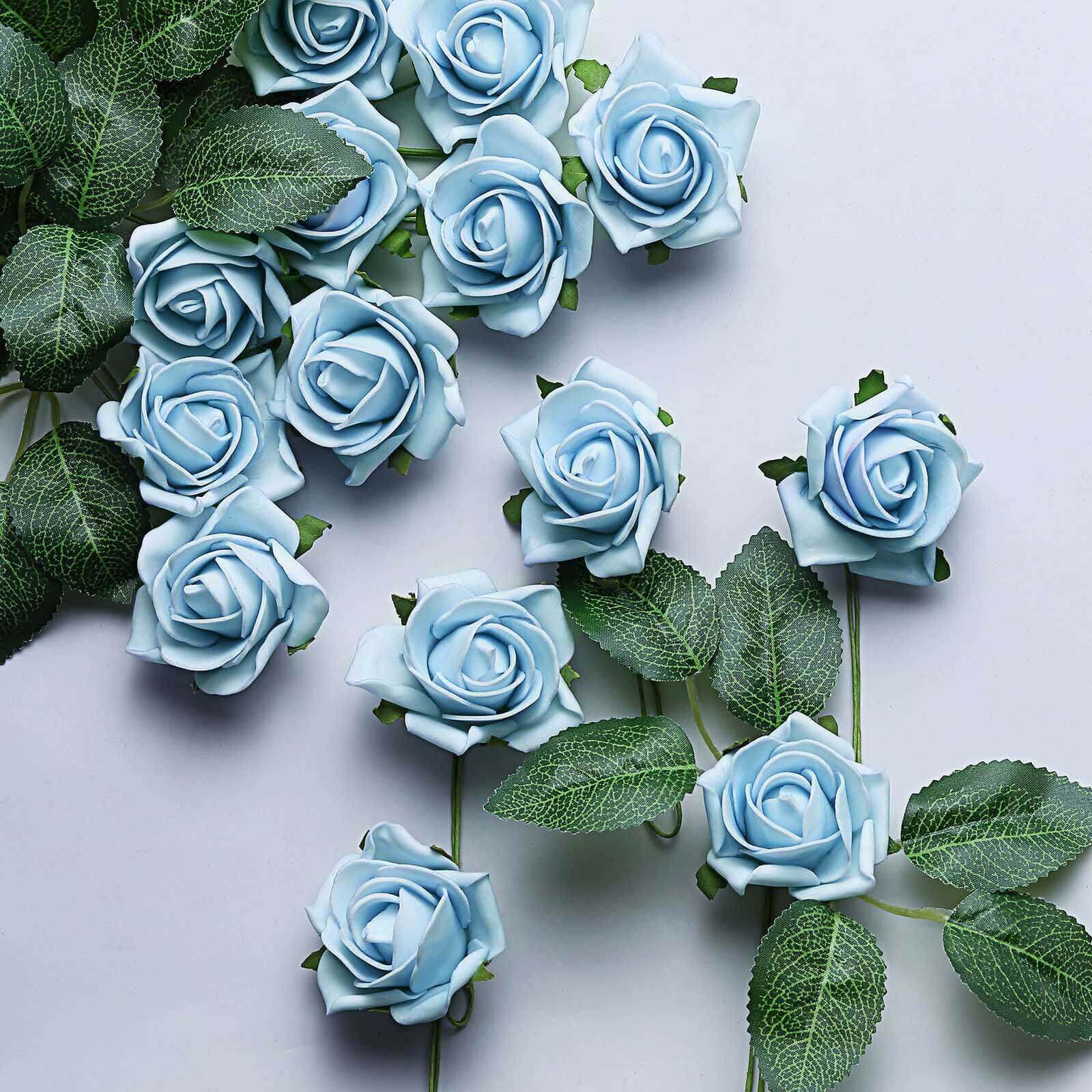 24 Roses 2 Dusty Blue Artificial Foam Flowers With Stem Wire and Leaves