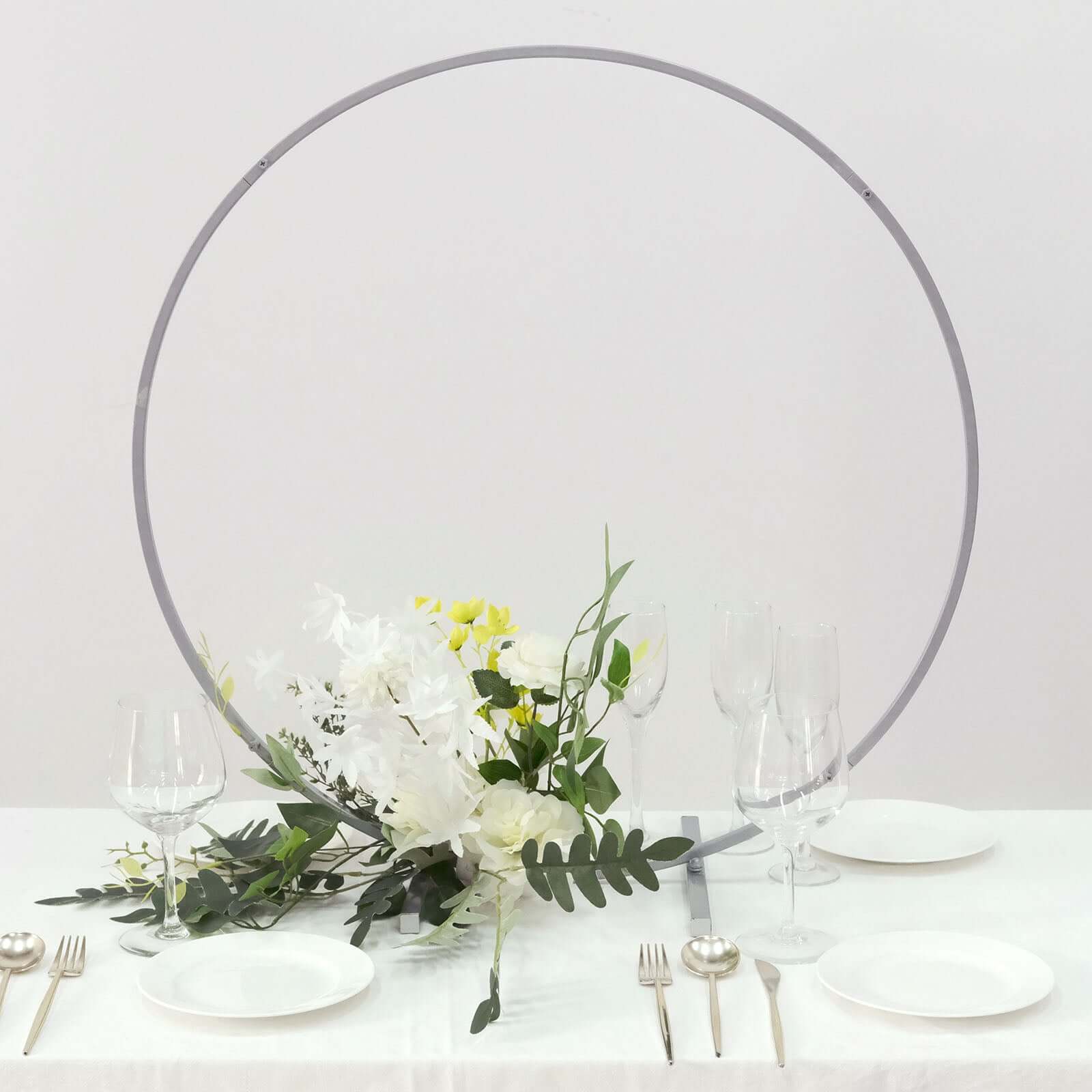 28 Silver Metal Round Hoop Wedding Centerpiece, Self Standing Table Floral Wreath Frame