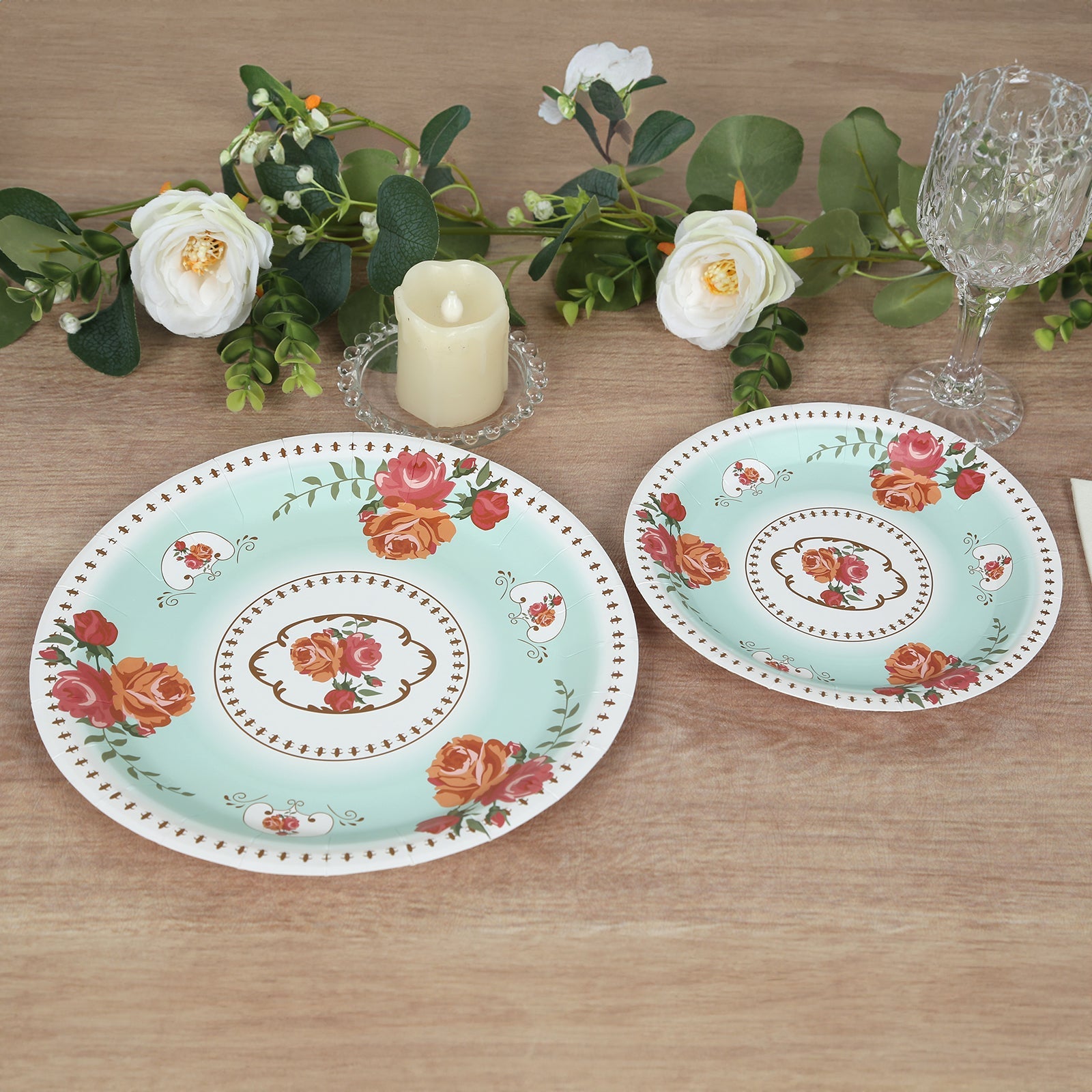 25-Pack Paper 7 Round Dessert Plates in Turquoise with Vintage Rose Flower Print - Disposable Appetizer Salad Plates