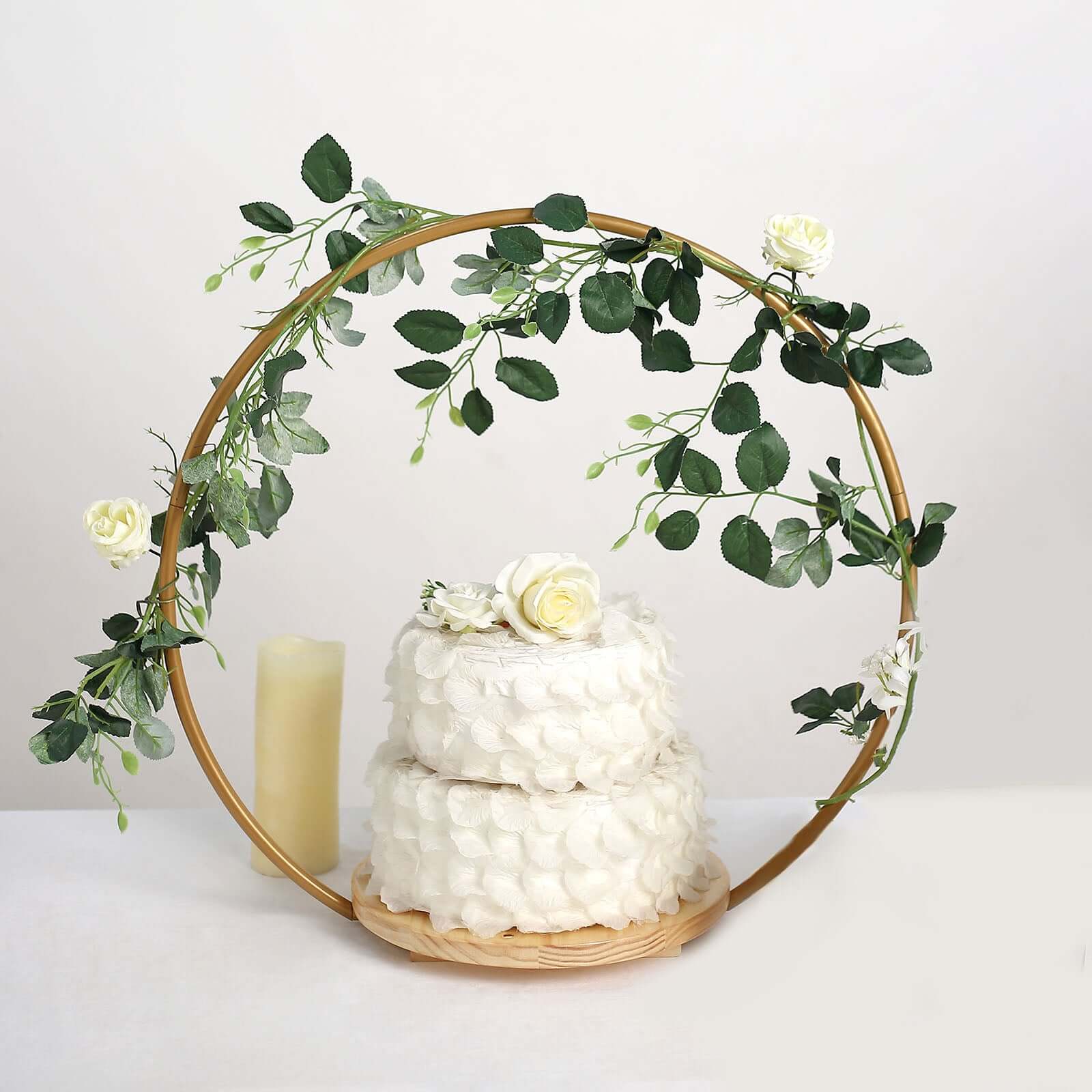 Metal Round Floral Hoop Cake Stand Gold - Chic Geometric Dessert Display DIY Centerpiece Table Decoration With Wooden Base 20
