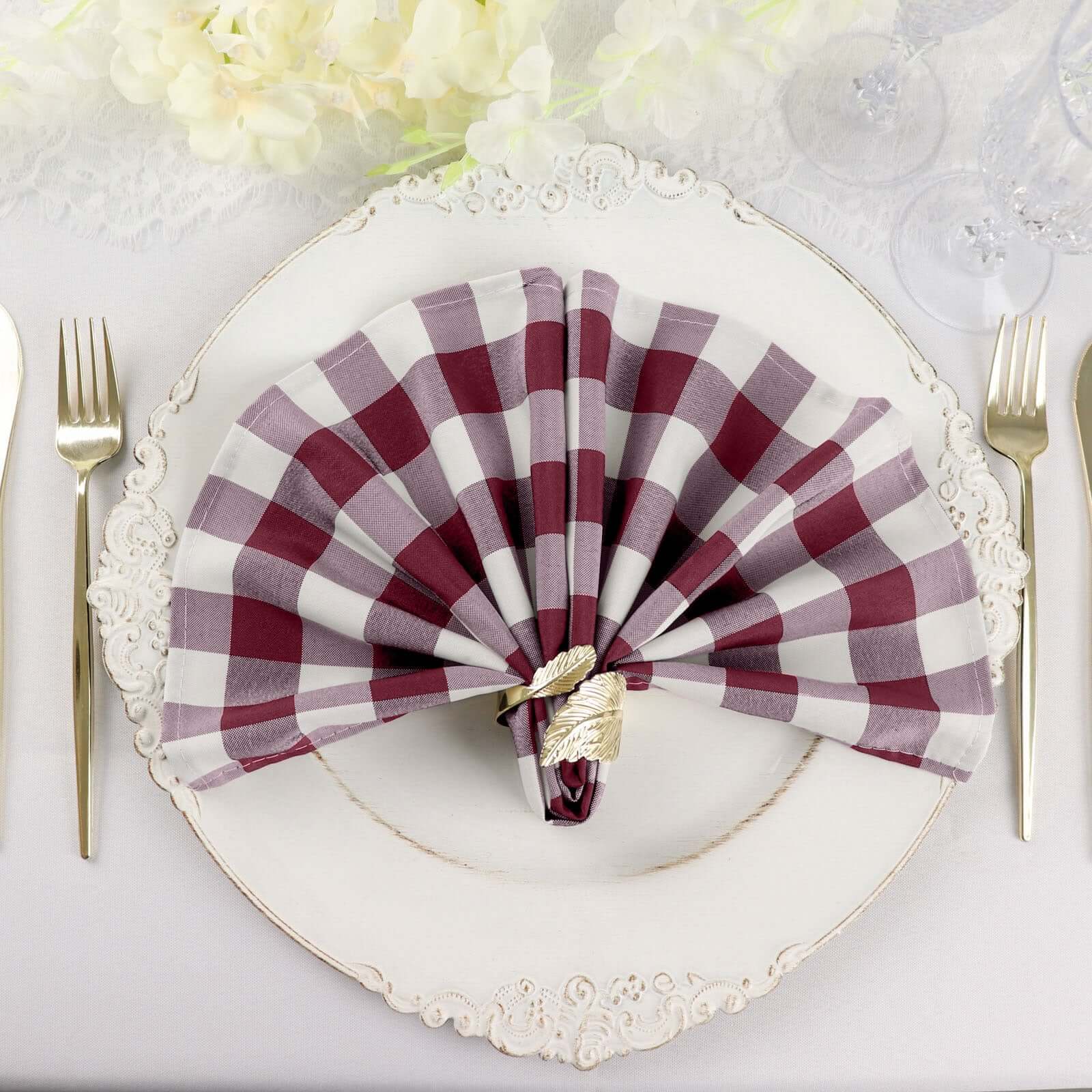 5 Pack Polyester 15x15 Napkins Burgundy/White Buffalo Plaid Gingham Style Cloth Napkins