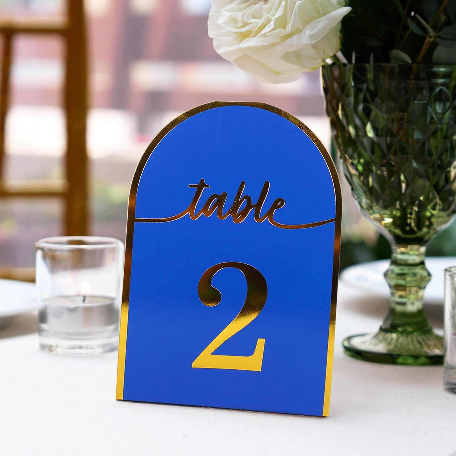 25-Pack Paper Wedding Table Numbers 1-25 Royal Blue Arch Cutout Design - Sleek & Modern Free Standing Double Sided Table Tent Cards with Metallic Gold Foil Numbers 7