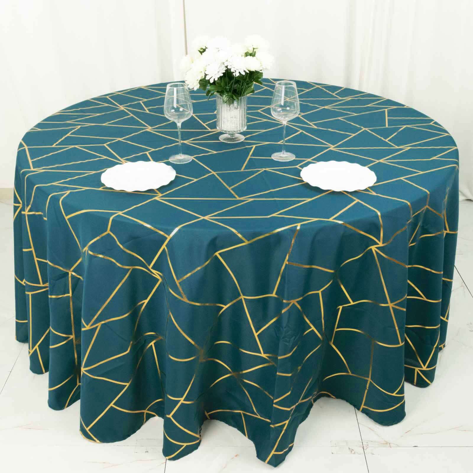 120 Peacock Teal Seamless Round Polyester Tablecloth With Gold Foil Geometric Pattern for 5 Foot Table With Floor-Length Drop