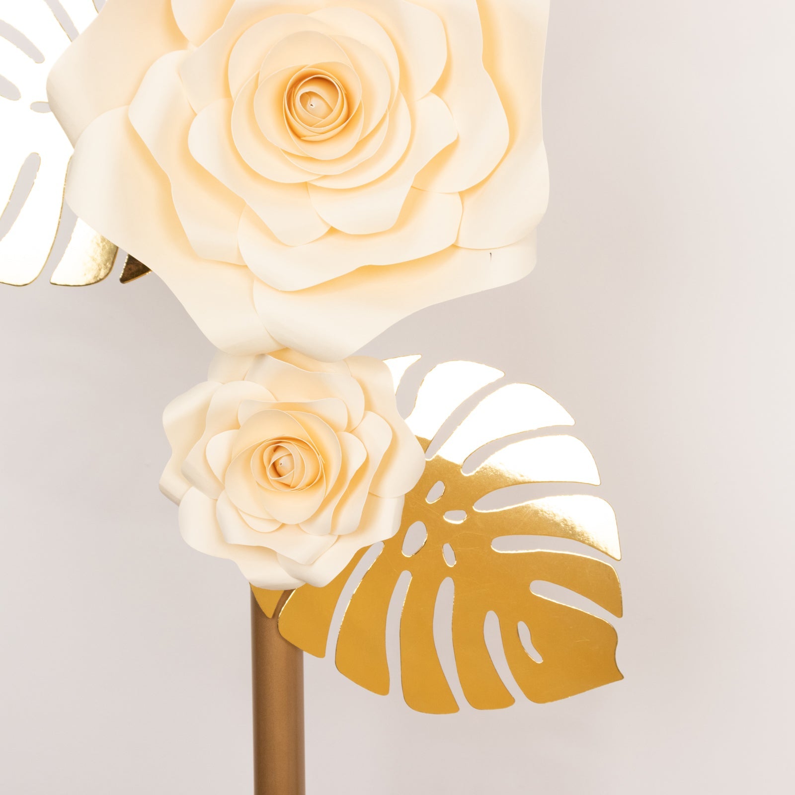 Set of 9 Ivory 3D Rose Paper Flowers with Gold Tropical Palm Leaves, Party Flower Backdrop Hanging Wall Decor