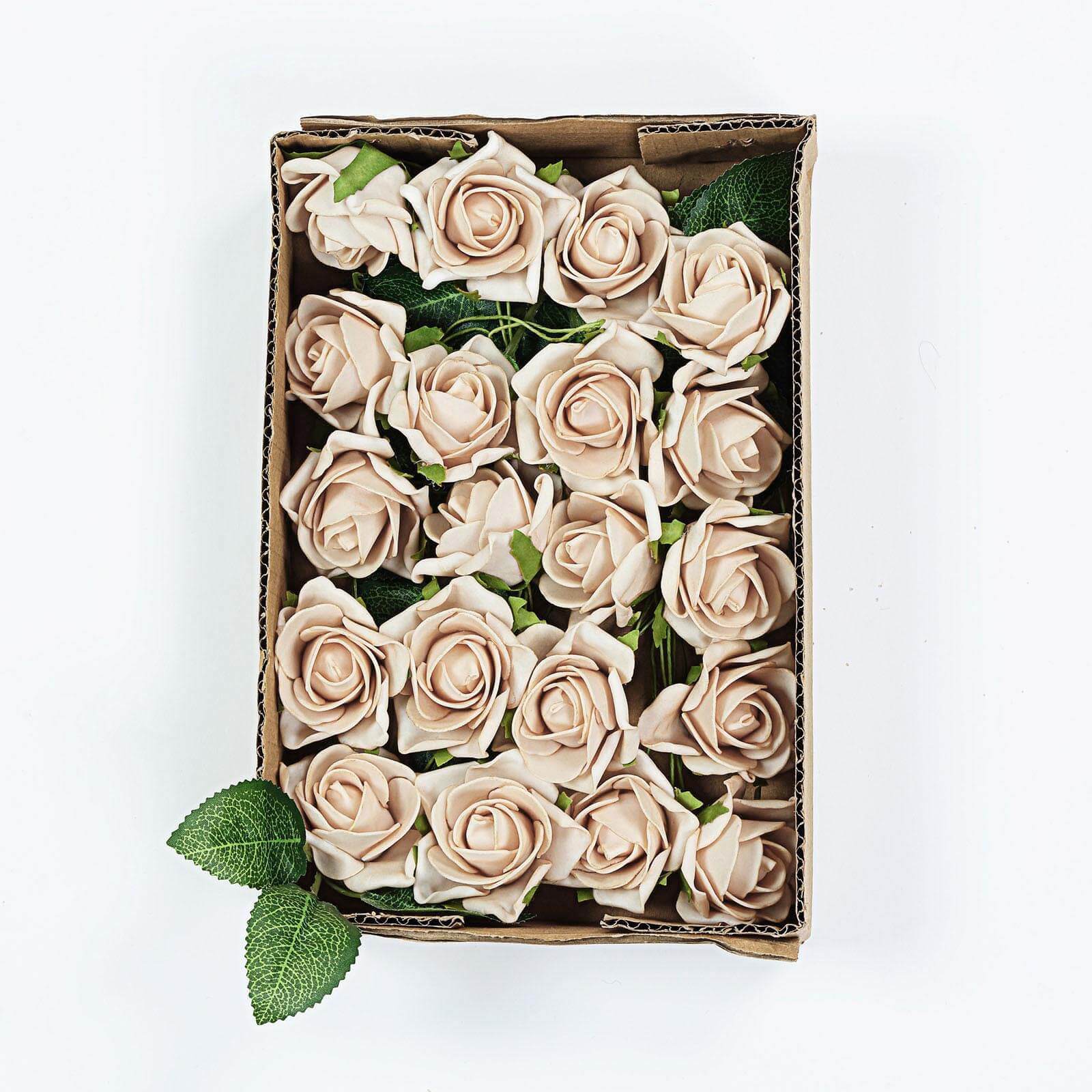 24 Roses 2 Champagne Artificial Foam Flowers With Stem Wire and Leaves