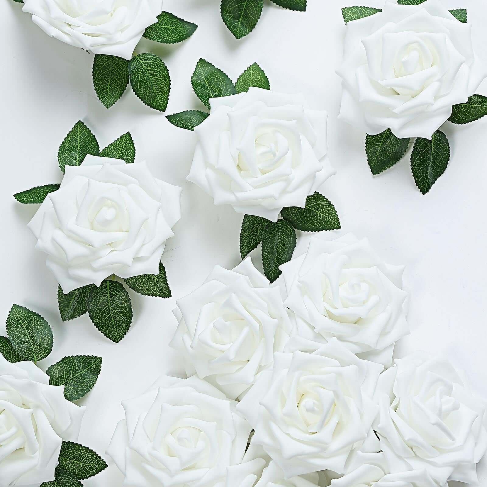 24 Roses 5 White Artificial Foam Flowers With Stem Wire and Leaves