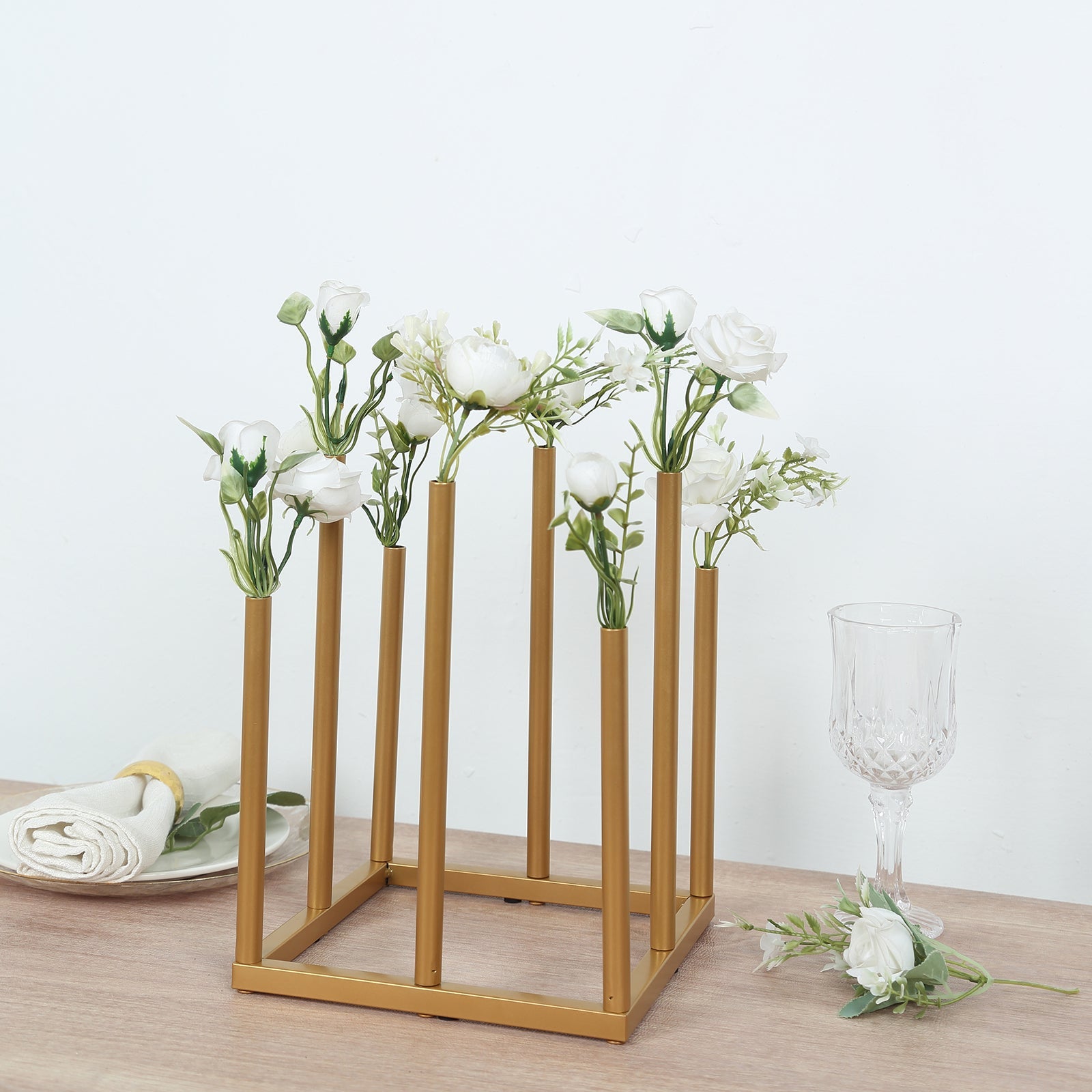 Flower Vase Gold Metal Minimalist 8-Tubes Square Base Design - Single Stem Bud Centerpiece for Arrangements 10