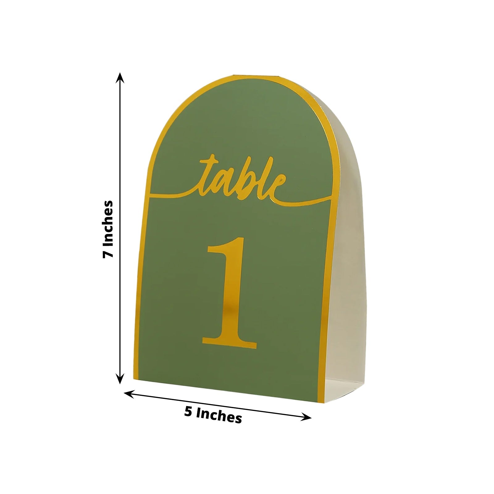 25-Pack Paper Wedding Table Numbers 1-25 Sage Green Arch Cutout Design - Sleek & Modern Free Standing Double Sided Table Tent Cards with Metallic Gold Foil Numbers 7