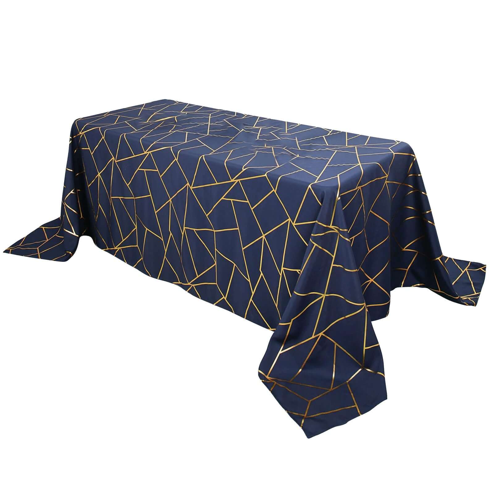 Polyester 90x132 Rectangle Tablecloth Navy Blue with Gold Foil Geometric Pattern - Wrinkle-Resistant Seamless Table Cover