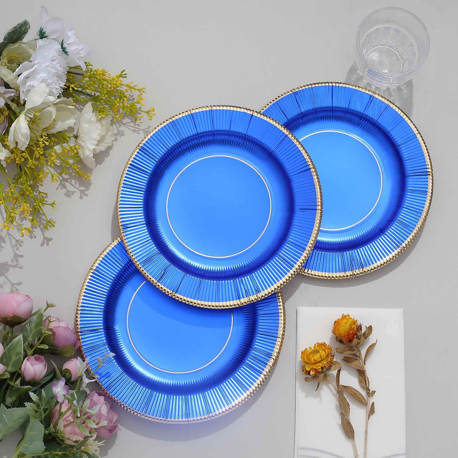 25-Pack Paper 8 Round Dessert Plates in Royal Blue Sunray Design with Gold Rim - Disposable Heavy Duty 350GSM Appetizer Salad Plates