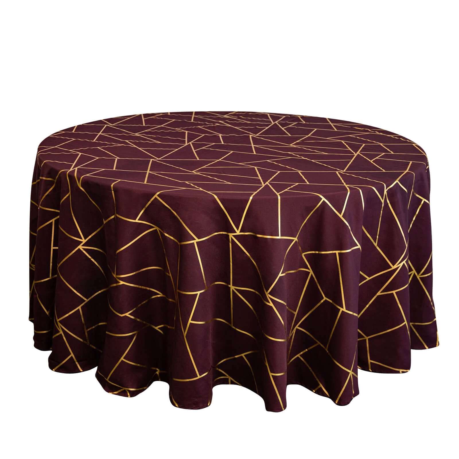 120 Burgundy Seamless Round Polyester Tablecloth With Gold Foil Geometric Pattern for 5 Foot Table With Floor-Length Drop