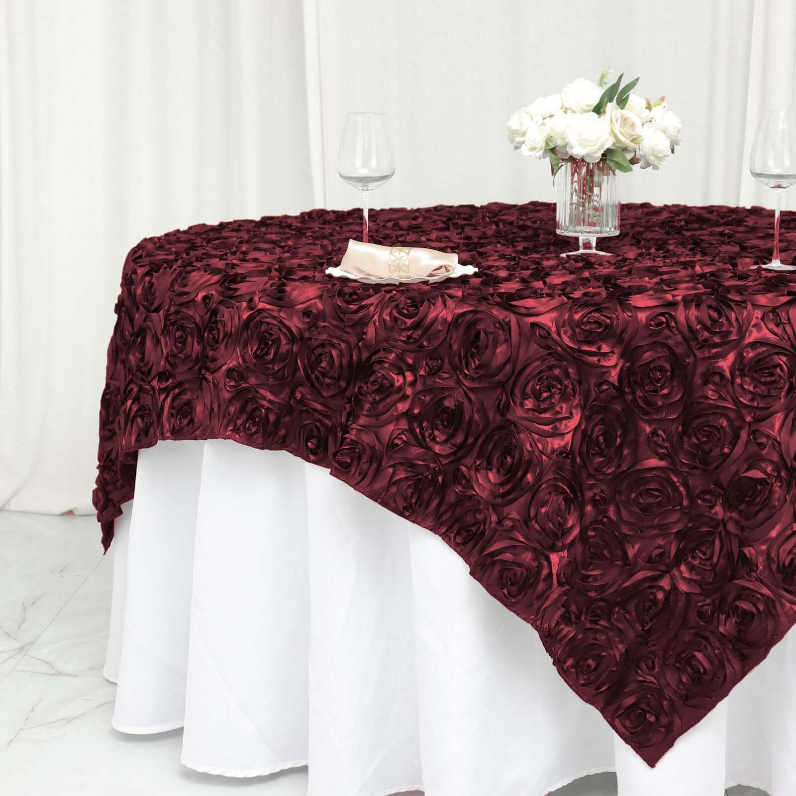 Satin 72x72 Table Overlay Square Tablecloth Burgundy - 3D Rosette Table Cover