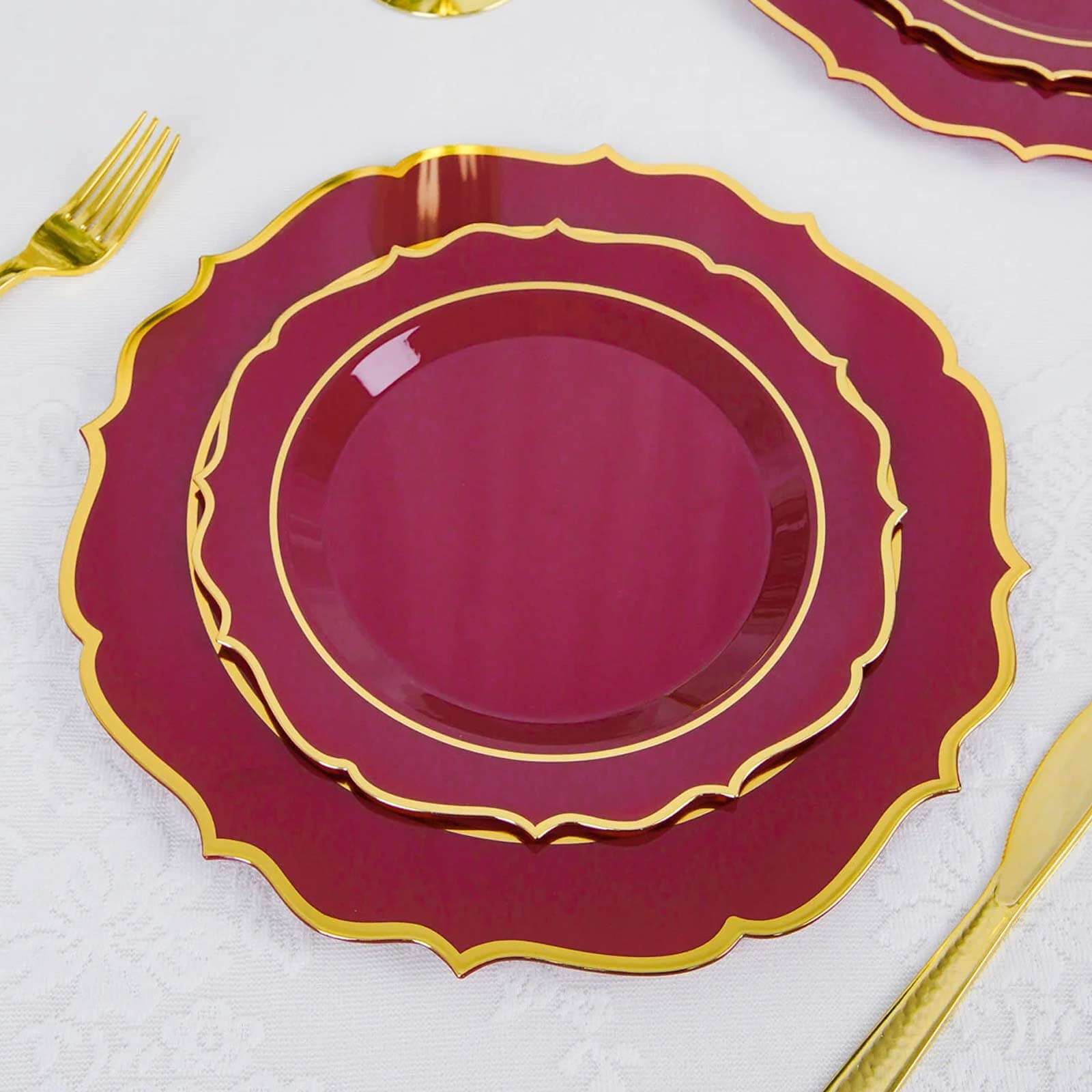 10-Pack Plastic 8 Round Desert Plates in Burgundy with Gold Scalloped Rim - Disposable Appetizer/Salad Plates