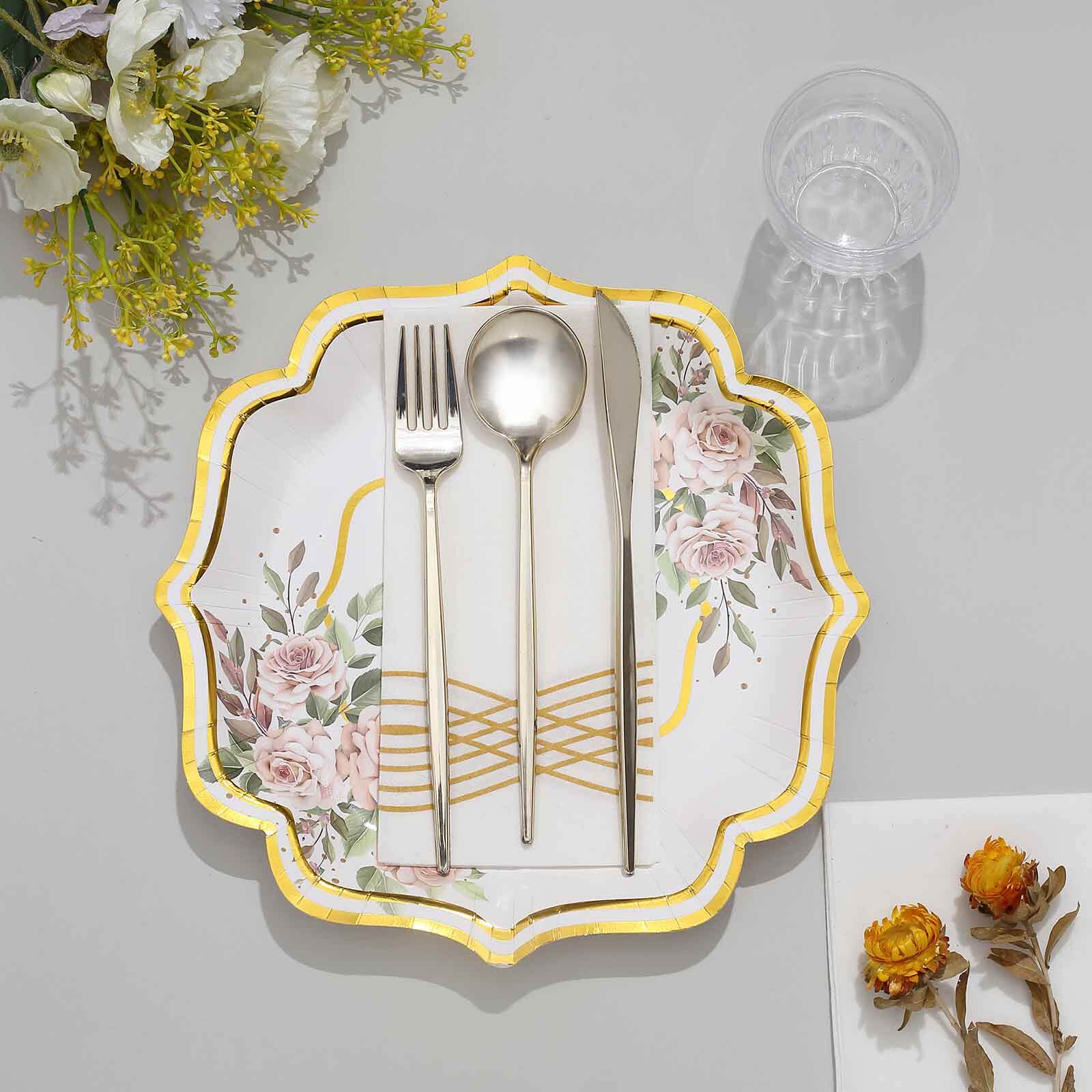 25-Pack Paper 10 Dinner Plates in White with Floral Print & Gold Scallop Rim - Disposable 300GSM Party Plates for Cocktail Events & Receptions