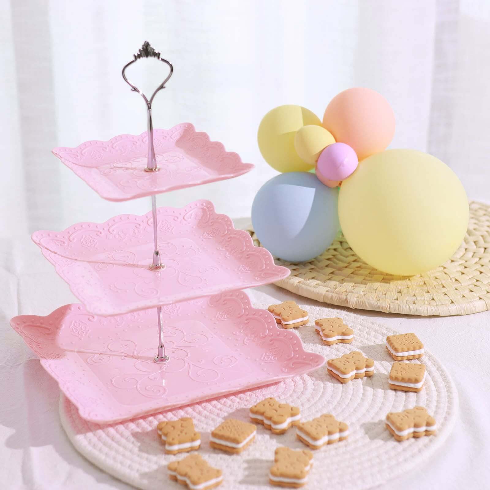 3-Tier Plastic Square Cupcake Stand Tower Pink - Charming Easy to Assemble Dessert Display Serving Tray Platter with Floral Embossed Scalloped Rim & Silver Handle for Tea Parties Weddings & Special Oc