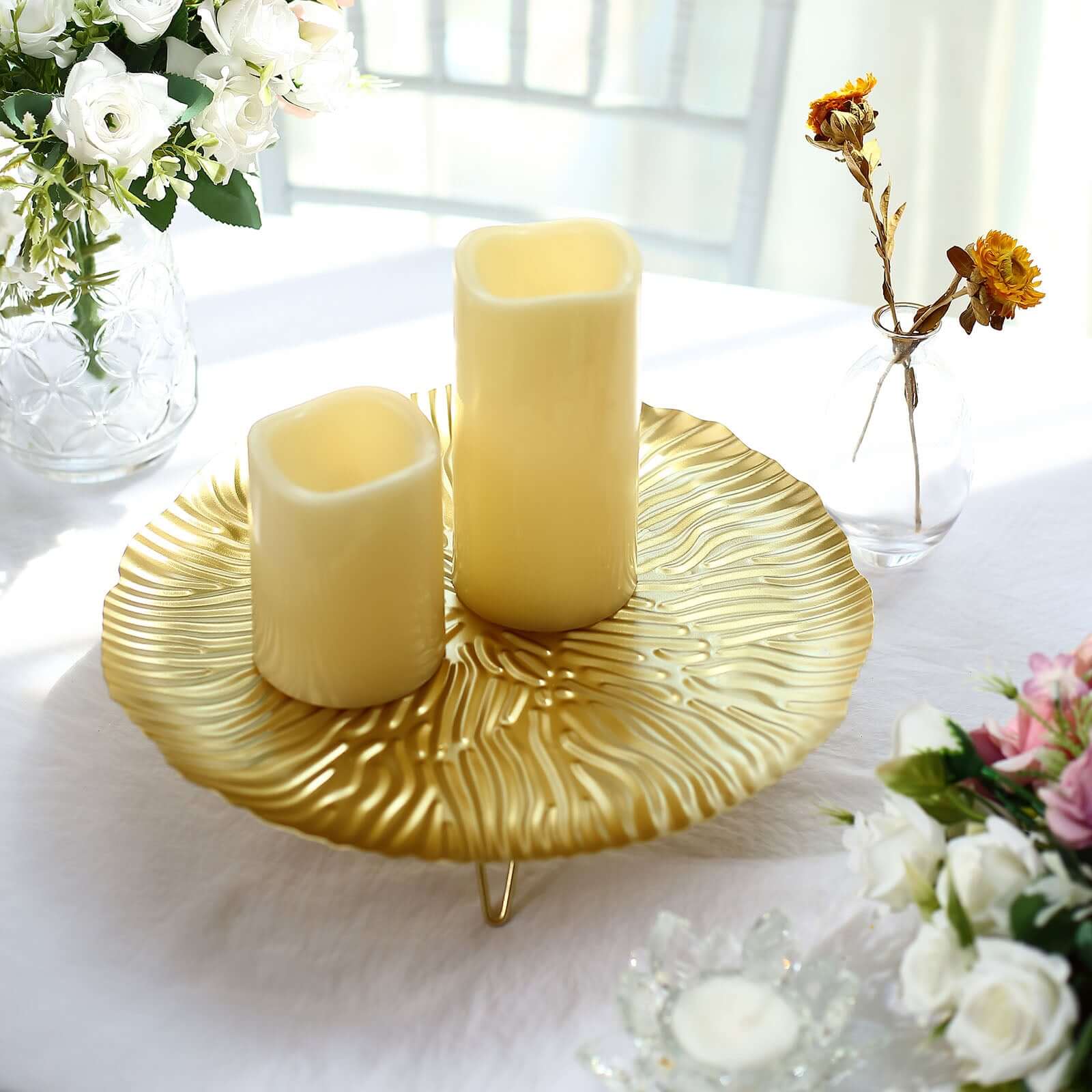 Metal Round Serving Tray 12 in Gold Floral Pattern with Wavy Rim, Pedestal Dessert Display with Hairpin Legs