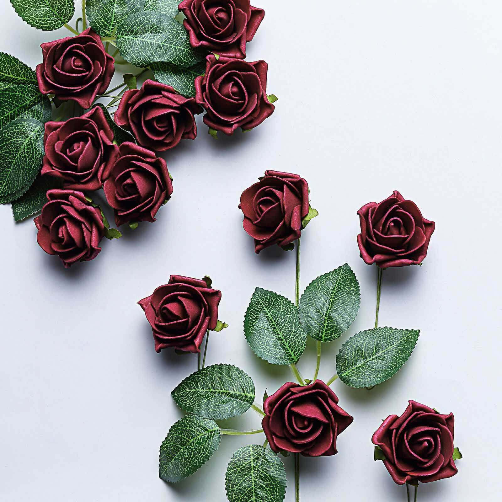 24 Roses 2 Burgundy Artificial Foam Flowers With Stem Wire and Leaves