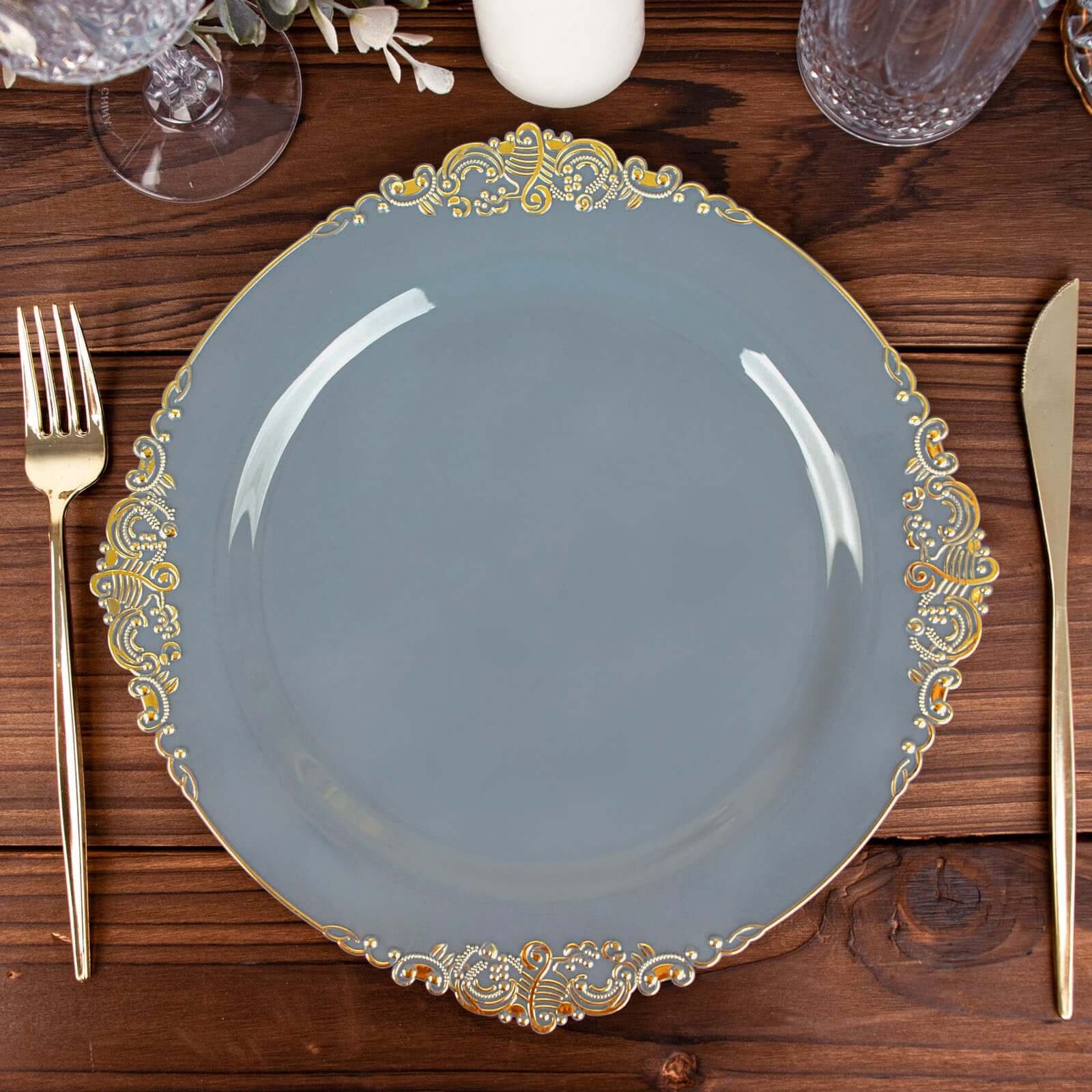 10-Pack Plastic 10 Round Dinner Plates in Dusty Blue with Gold Leaf Embossed Rim - Disposable Vintage Baroque Style Plates