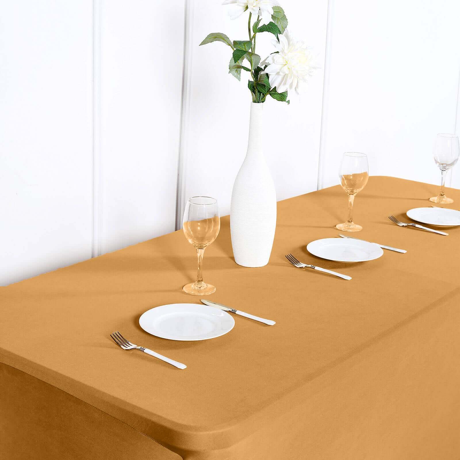 Stretch Spandex 96x30 Rectangle Table Cover Gold - Durable Form-Fitting Tablecloth for Events & Presentations