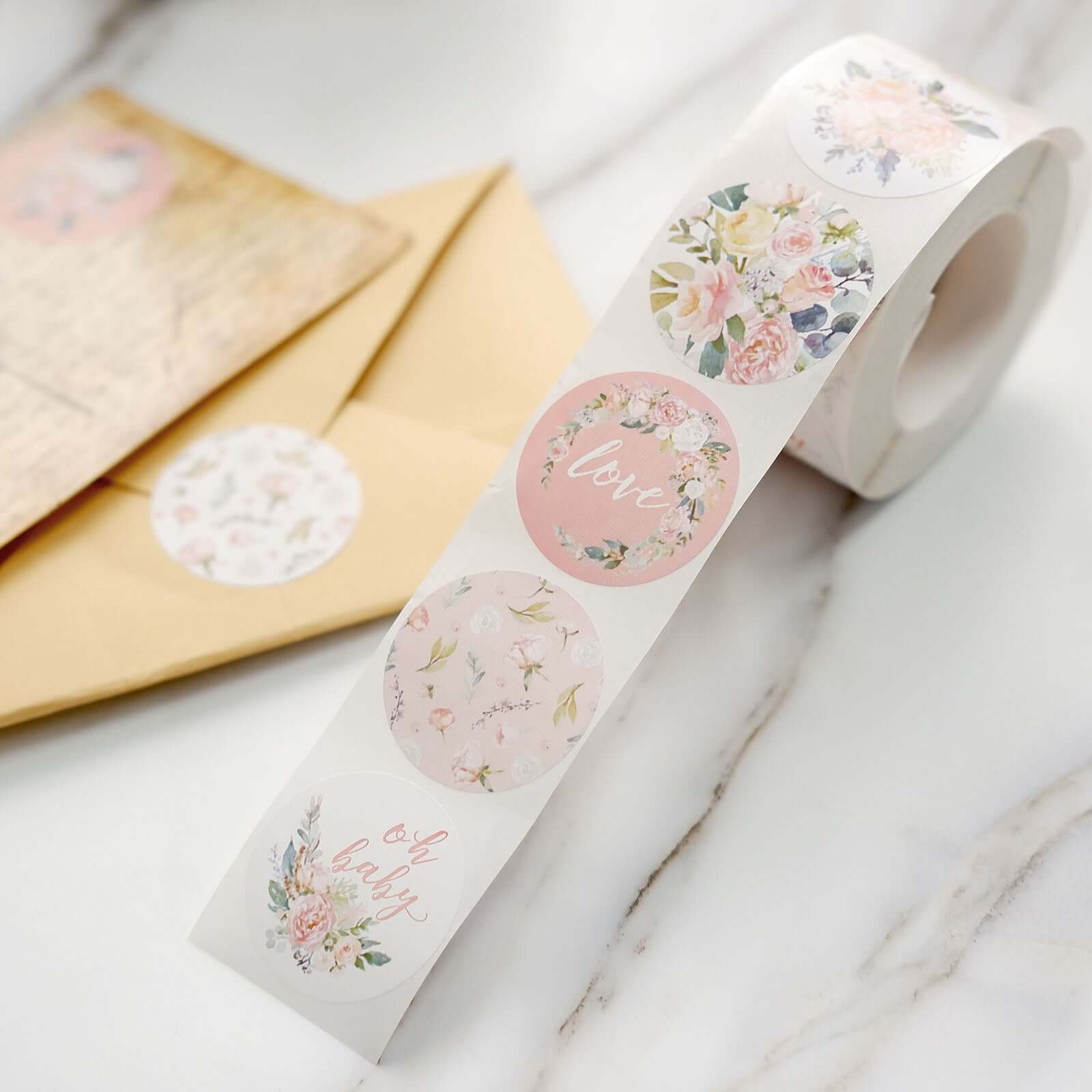 500Pcs 1.5 Baby Shower Love and Oh Baby Floral Stickers Roll, Labels For DIY Envelope Seal - Round