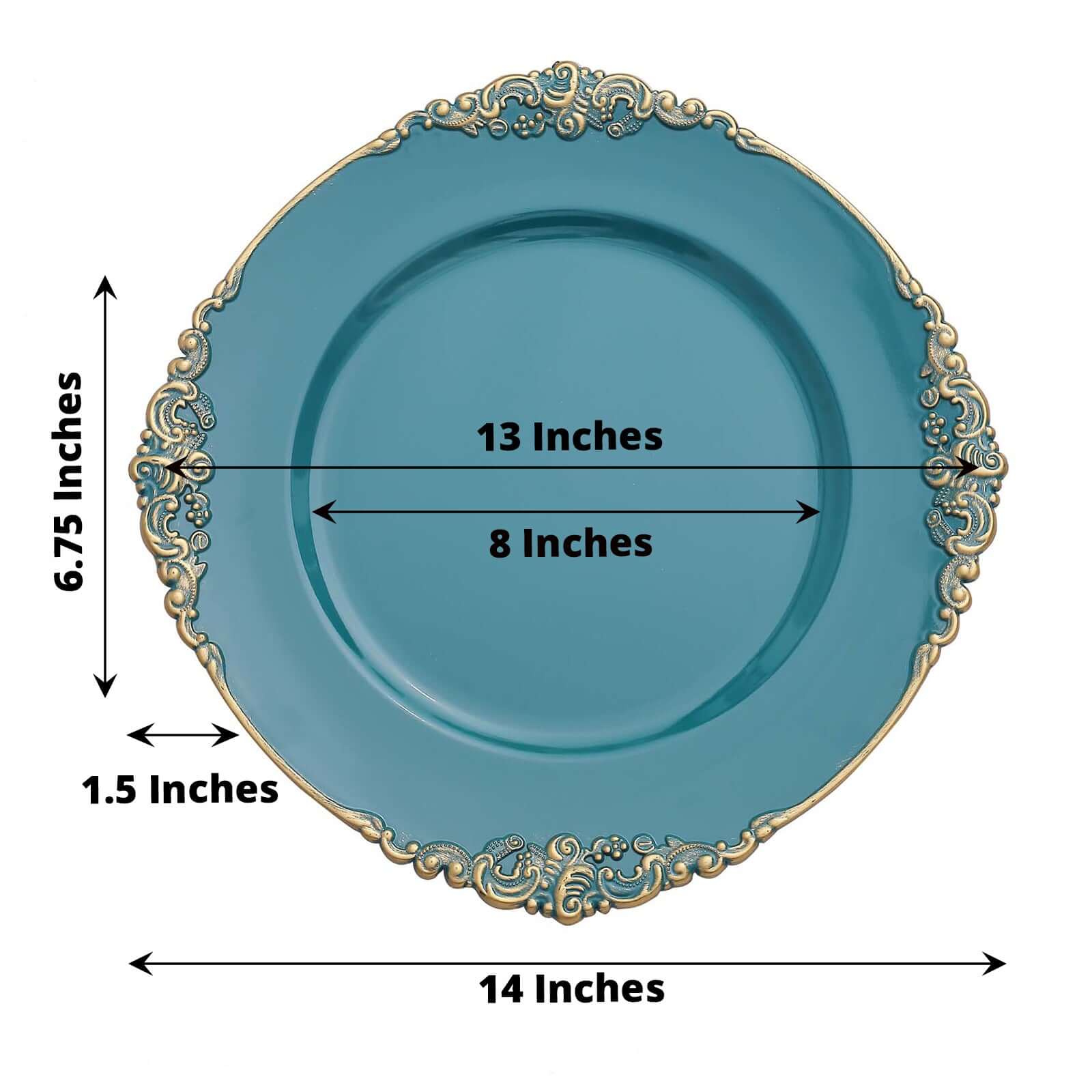 6-Pack Acrylic Round Charger Plates 13 in Peacock Teal with Gold Embossed Baroque Rim, Antique Decorative Dinner Party Charger Tableware