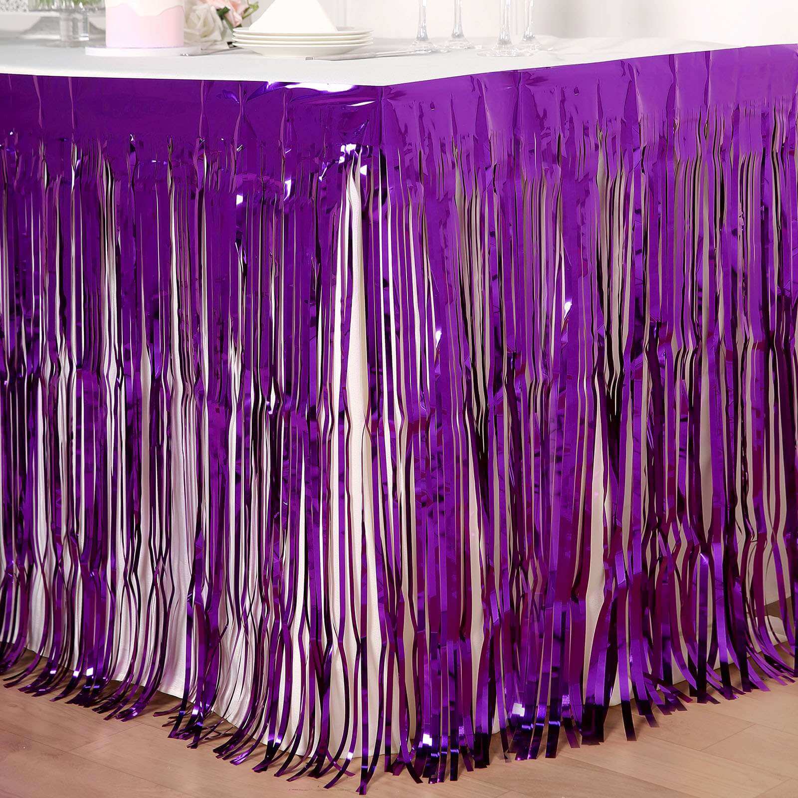 30x9ft Purple Metallic Foil Fringe Table Skirt, Self Adhesive Tinsel Table Skirt