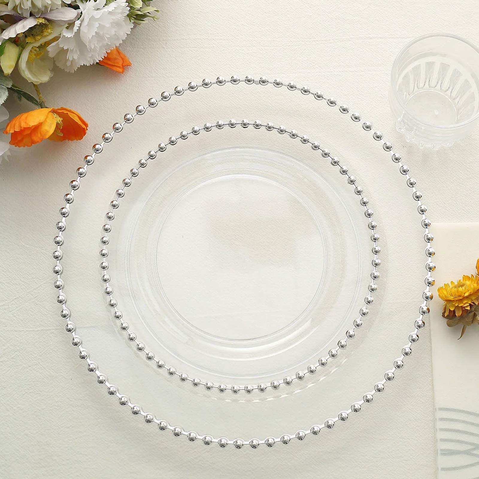 10-Pack Plastic 8 Round Appetizer Dessert Plates in Clear with Silver Beaded Rim - Disposable Salad Plates