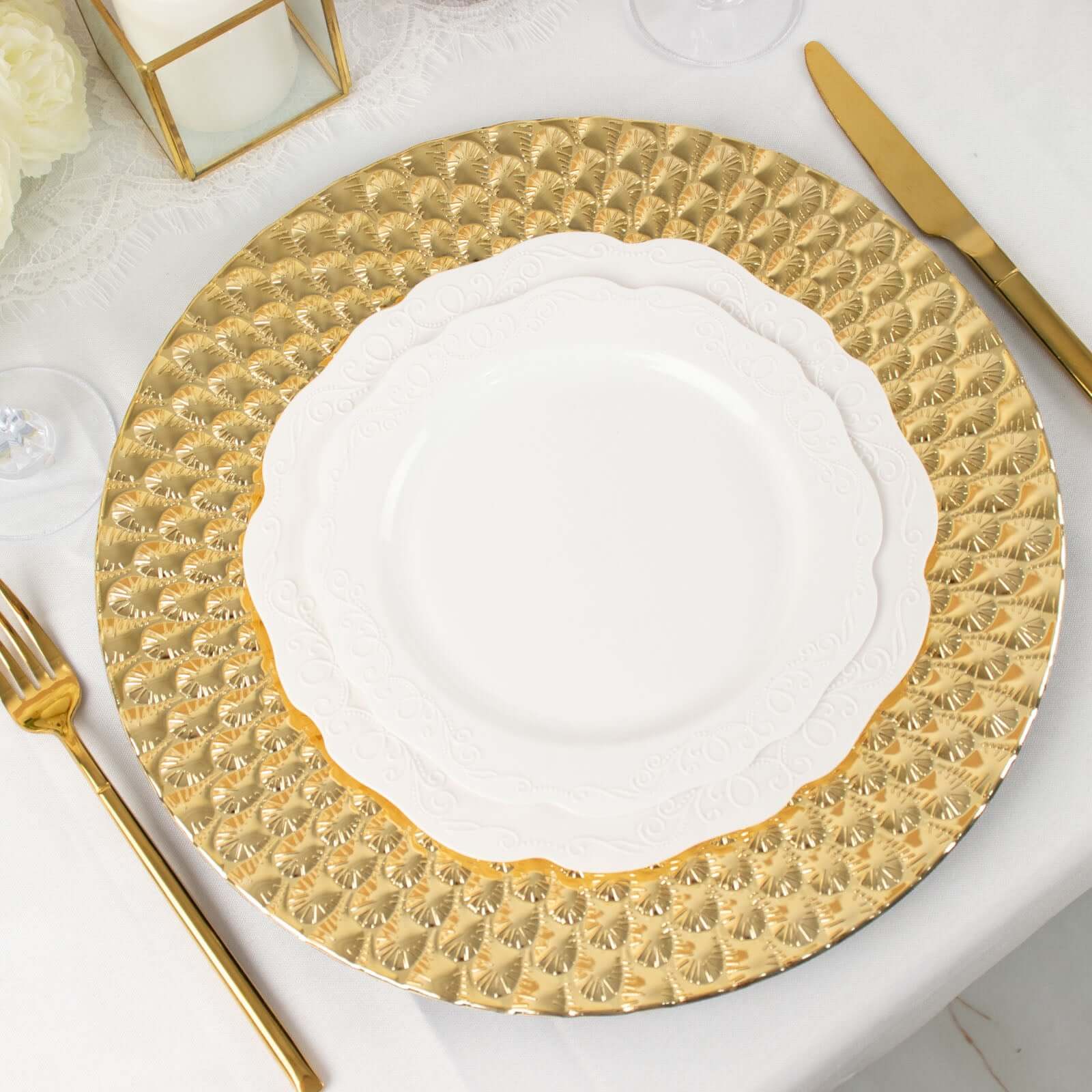 6-Pack Plastic Round Charger Plates 13 in Gold with Peacock Pattern, Exquisite Decorative Dinner Party Charger Tableware