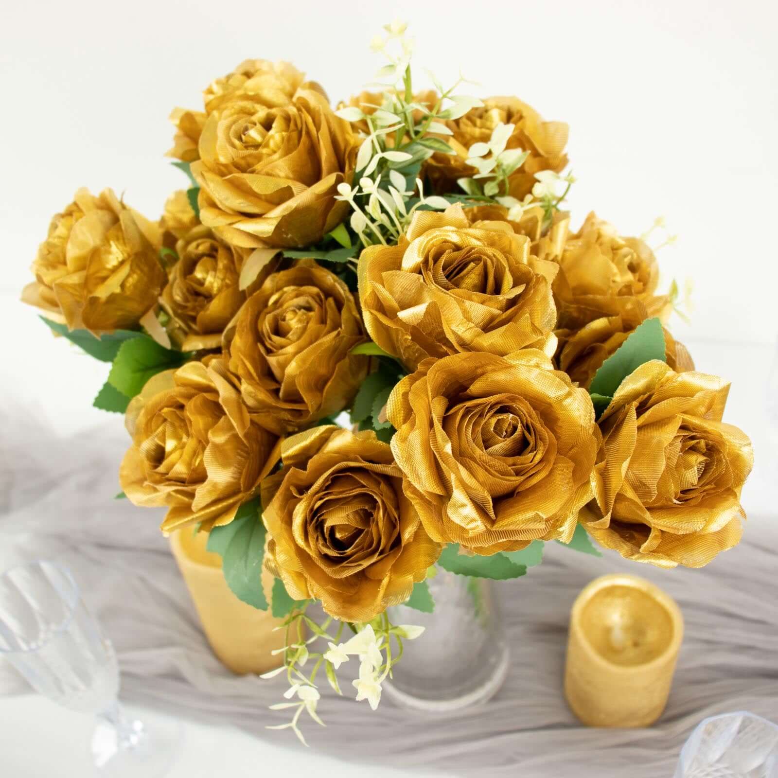 2 Bushes 18 Real Touch Gold Artificial Rose Flower Bouquet, Silk Long Stem Flower Arrangements