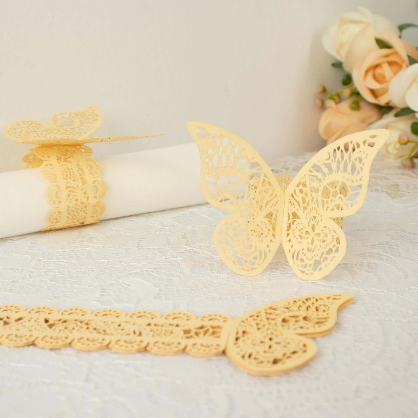 12-Pack Paper Napkin Rings Laser Cut Butterfly Champagne Shimmery - Decorative Serviette Holders