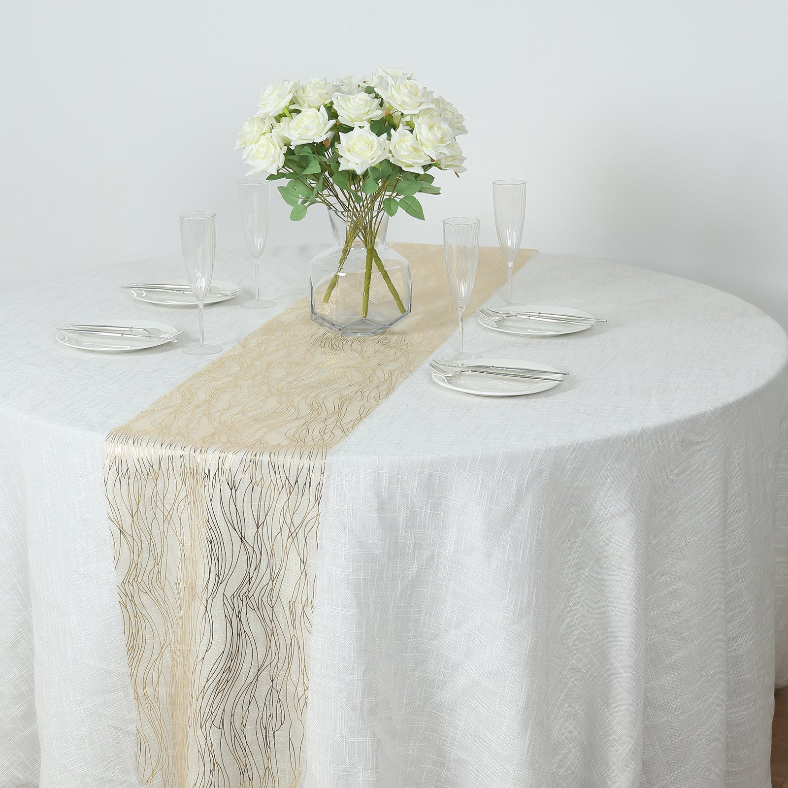 5 Pack Organza 12x108 Table Runners Gold - Gold Wave Design