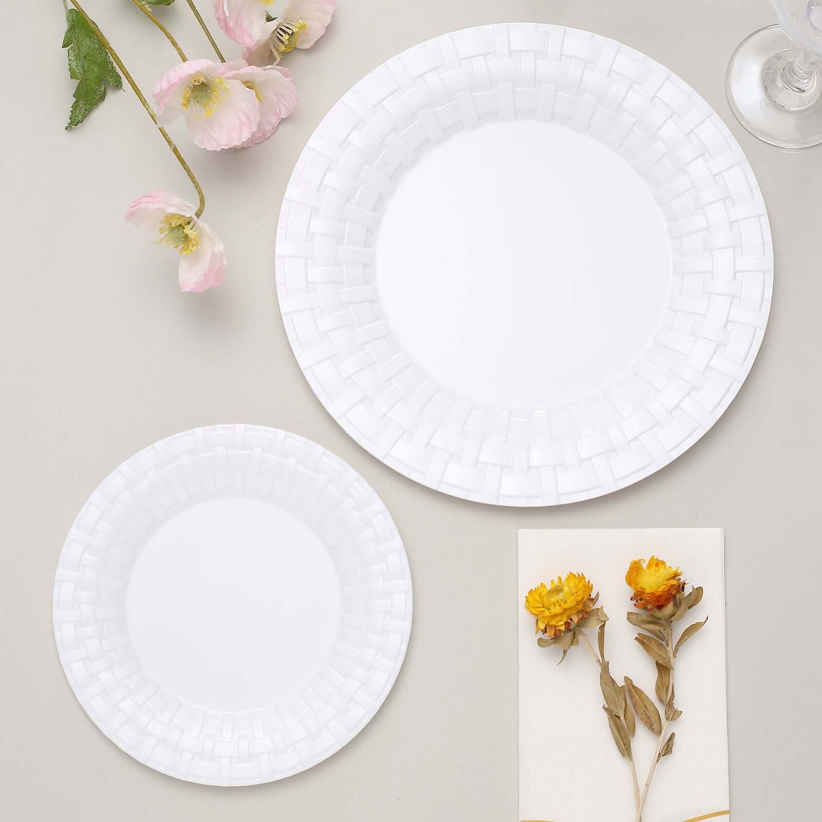 10-Pack Plastic Dinner Plates White Basketweave Rim - Durable Disposable Dinner Plates 10